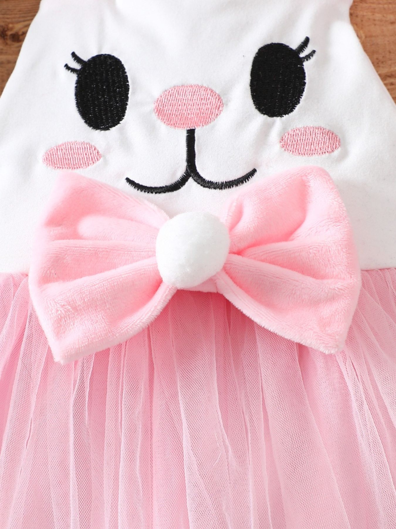 Children's Bunny Embroidered Bow Decor Mesh One-Piece