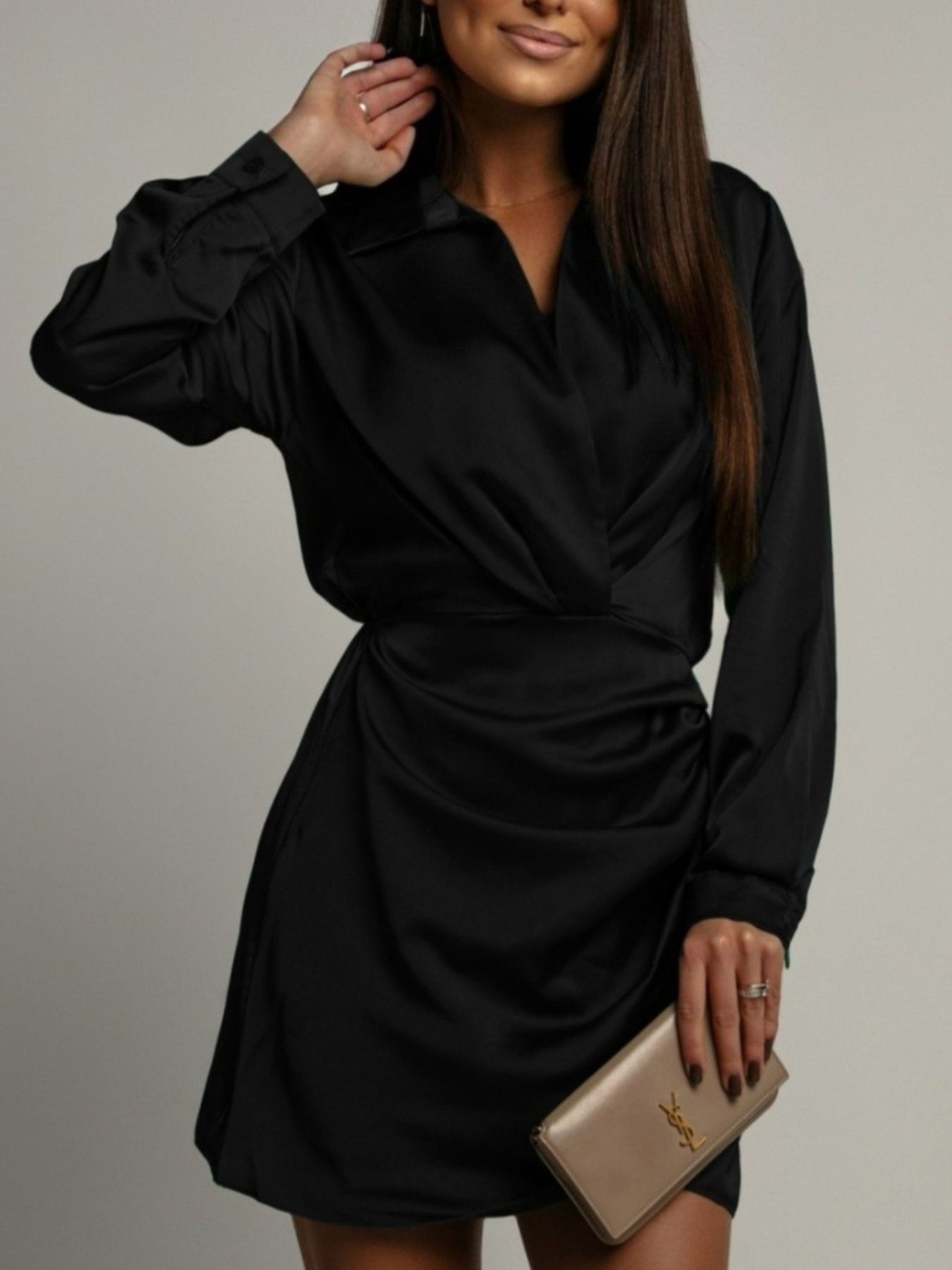 Collared Neck Long Sleeve Satin Dress