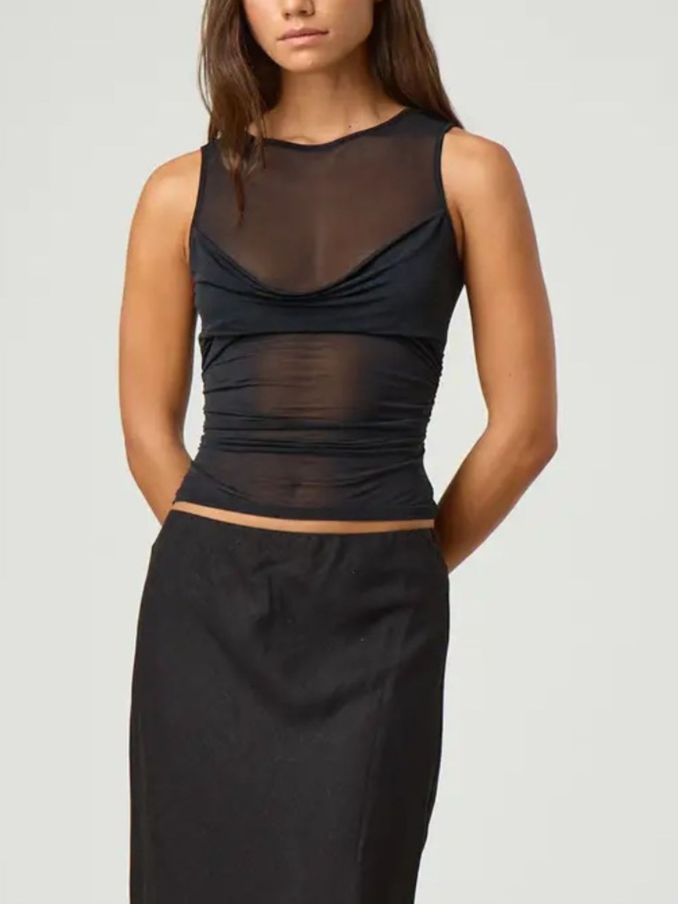 Ruched Sheer Round Neck Tank