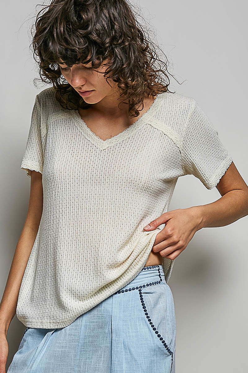 Lace Detail V-Neck Short Sleeve Textured T-Shirt