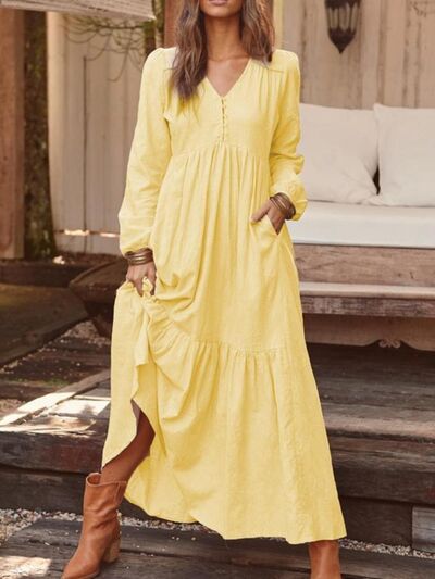 fitted lace wedding dress Final Sale Plus Size Long Sleeve Casual Loose Pocket Dress in Mustard*