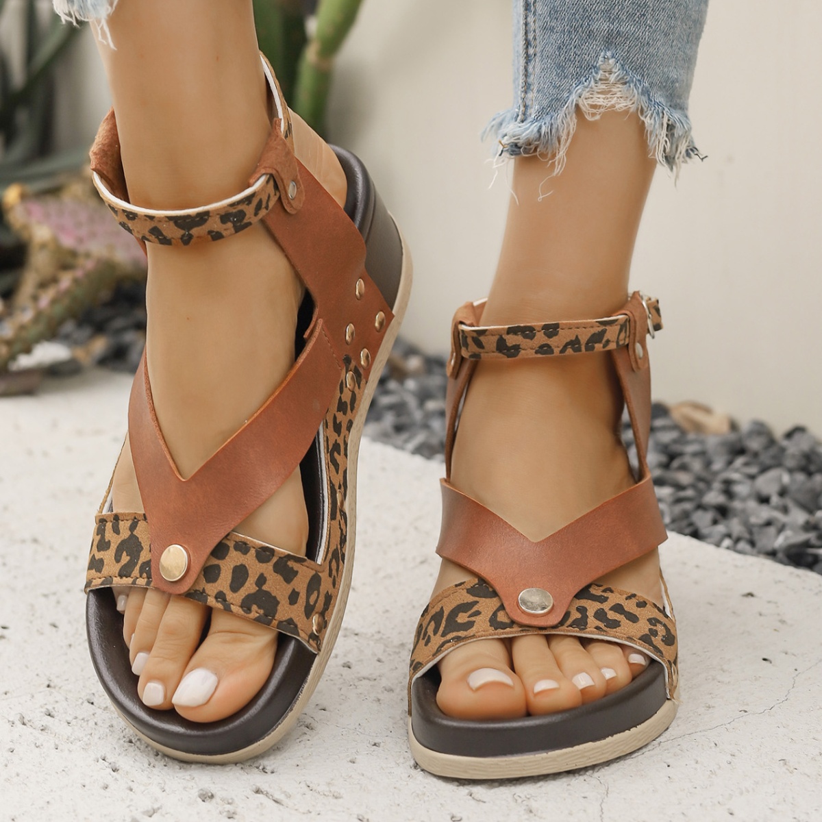 Leopard Ankle Strap Wedge Sandals