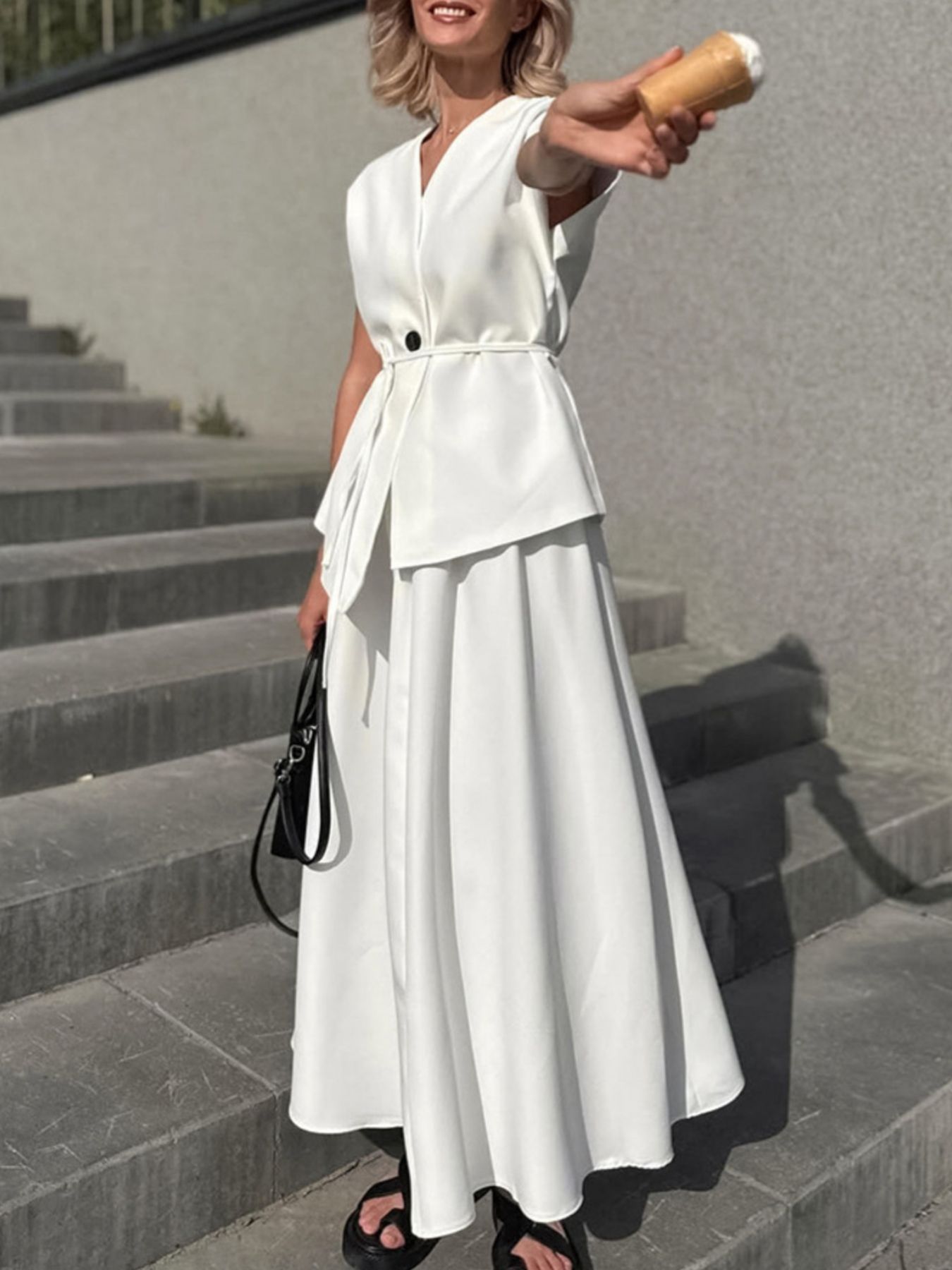 One Button Short Sleeve Top And Skirt Set