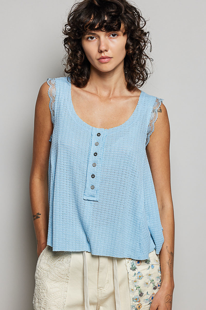 Textured Knit Round Neck Tank with Lace Detail