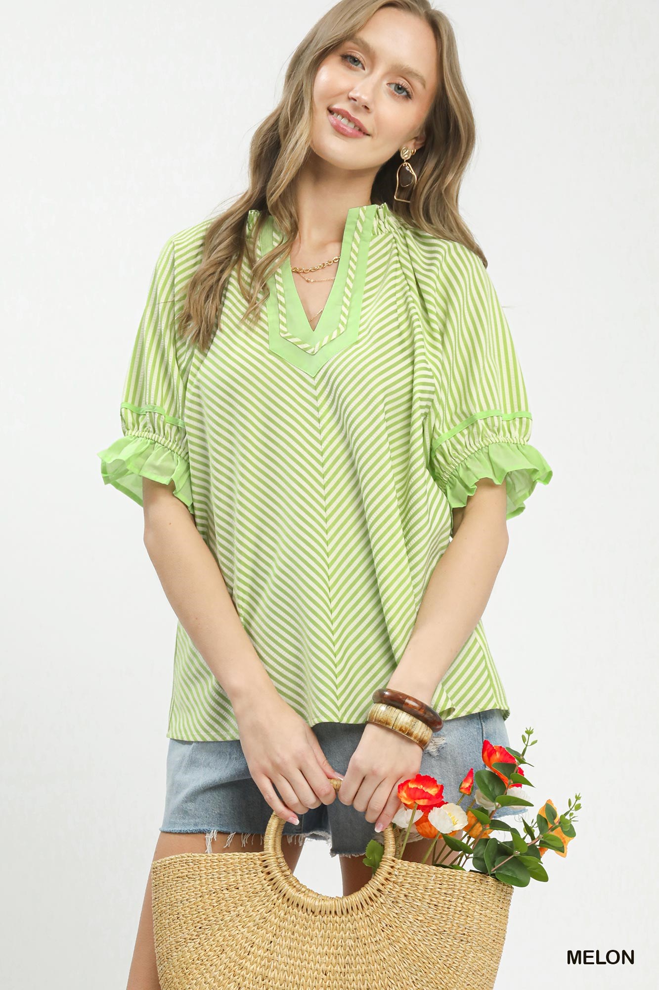 Umgee Stripe Ruffle Sleeve Split-Neck Blouse