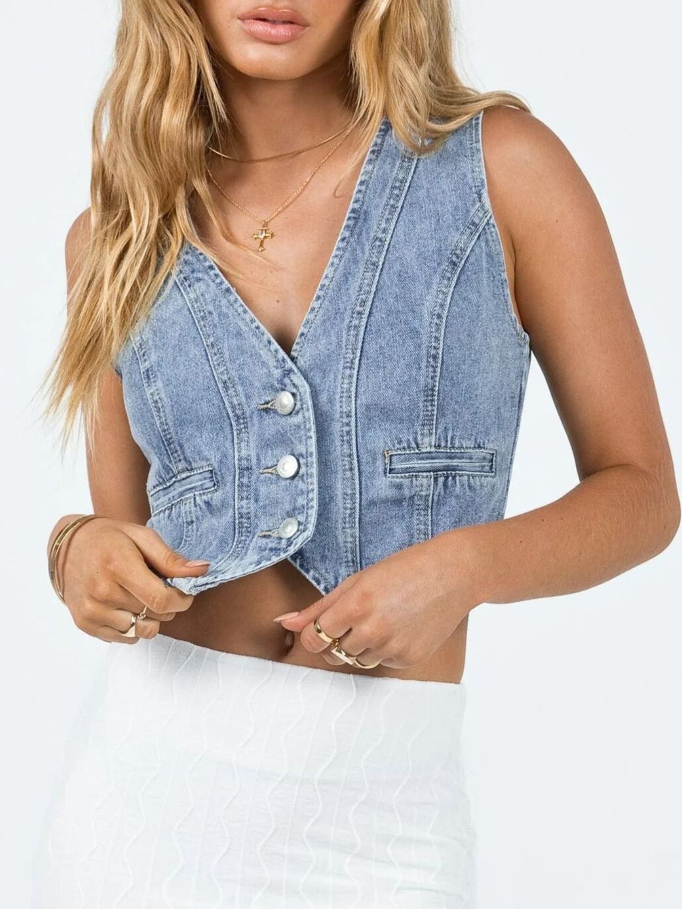 V-Neck Button Up Denim Vest