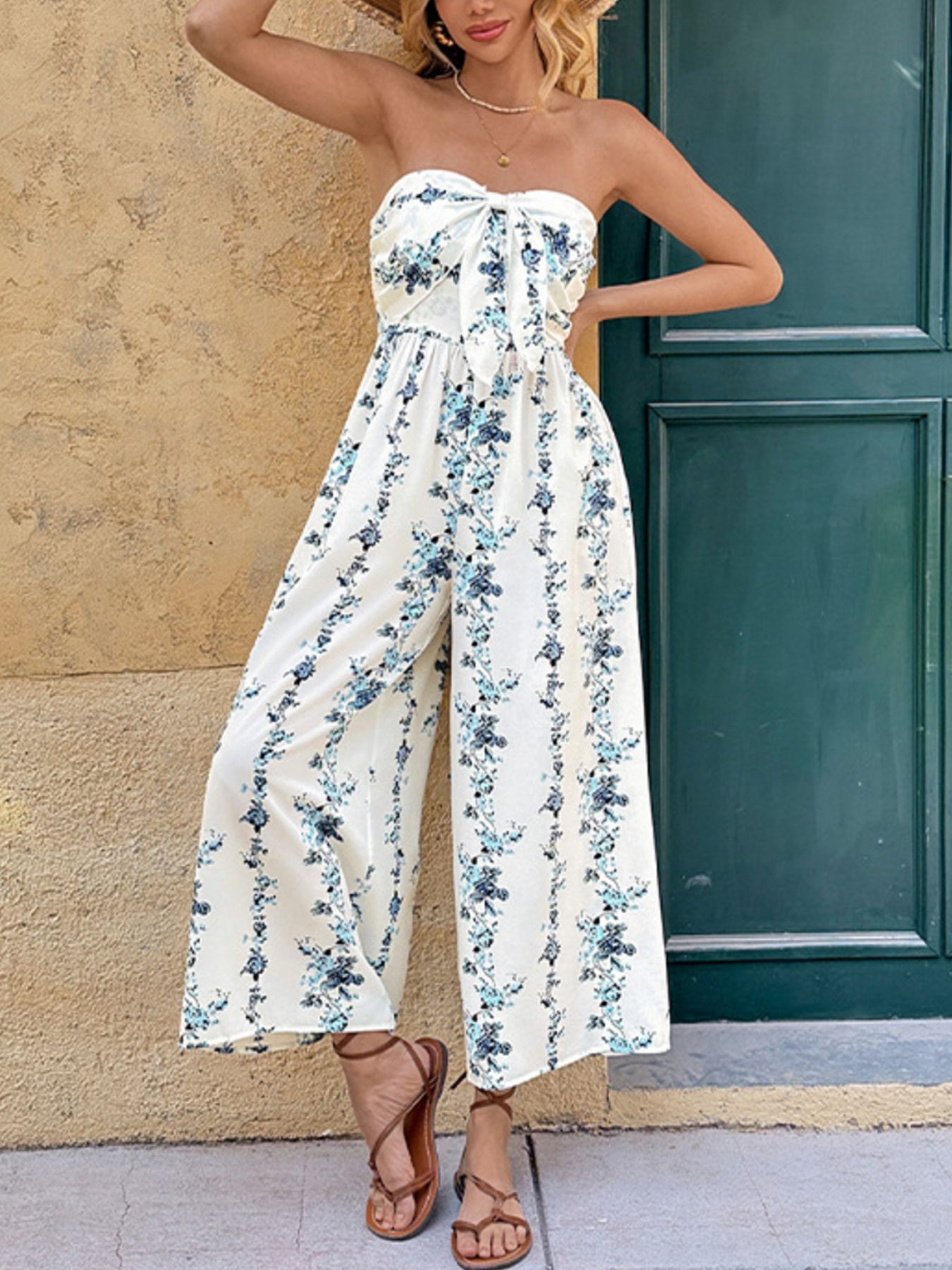 Tie Front Strapless Wide Leg Jumpsuit