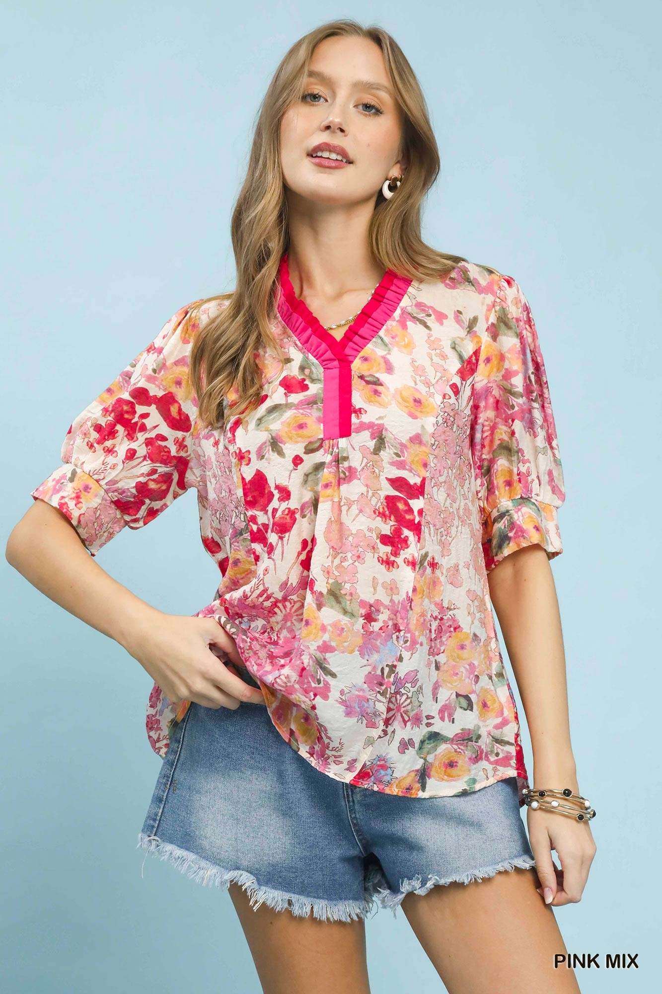 Umgee Floral Contrast Pleat Neck Top