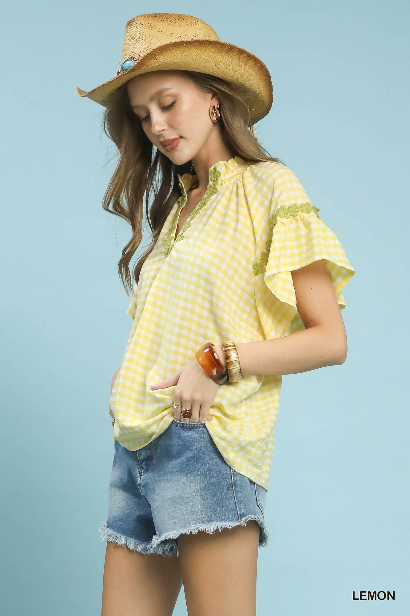 Umgee Gingham Lace Trim Top