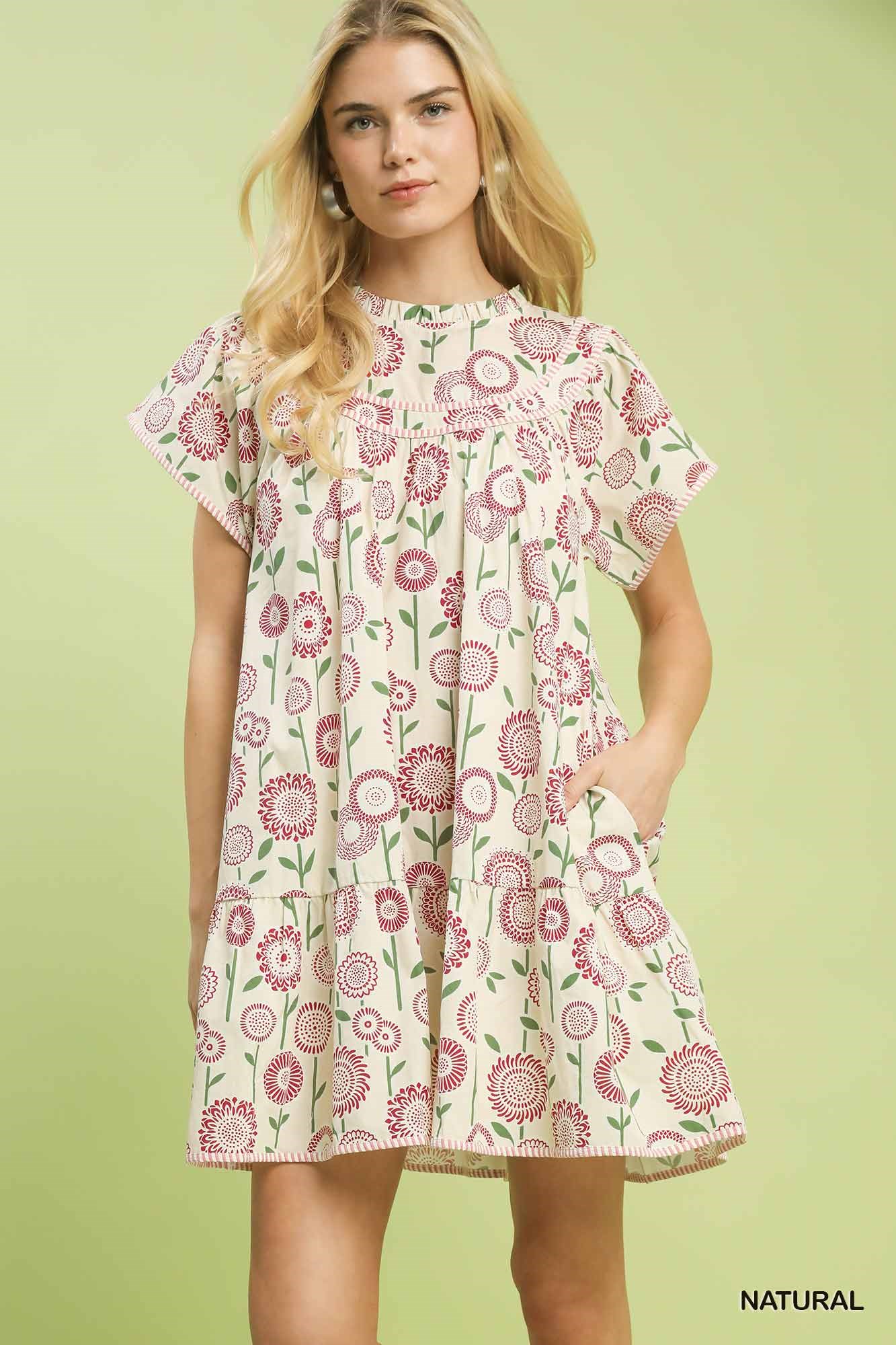 Umgee Floral Print Tiered Babydoll Dress