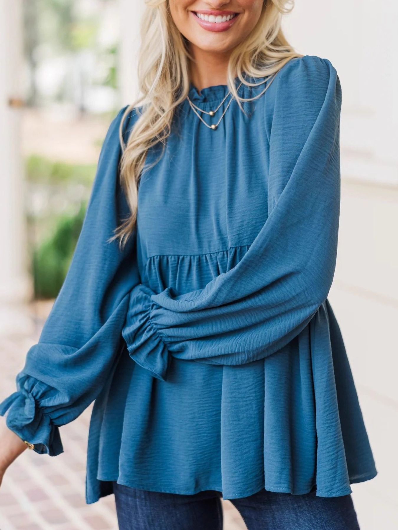 Frill Mock Neck Flounce Sleeve Blouse