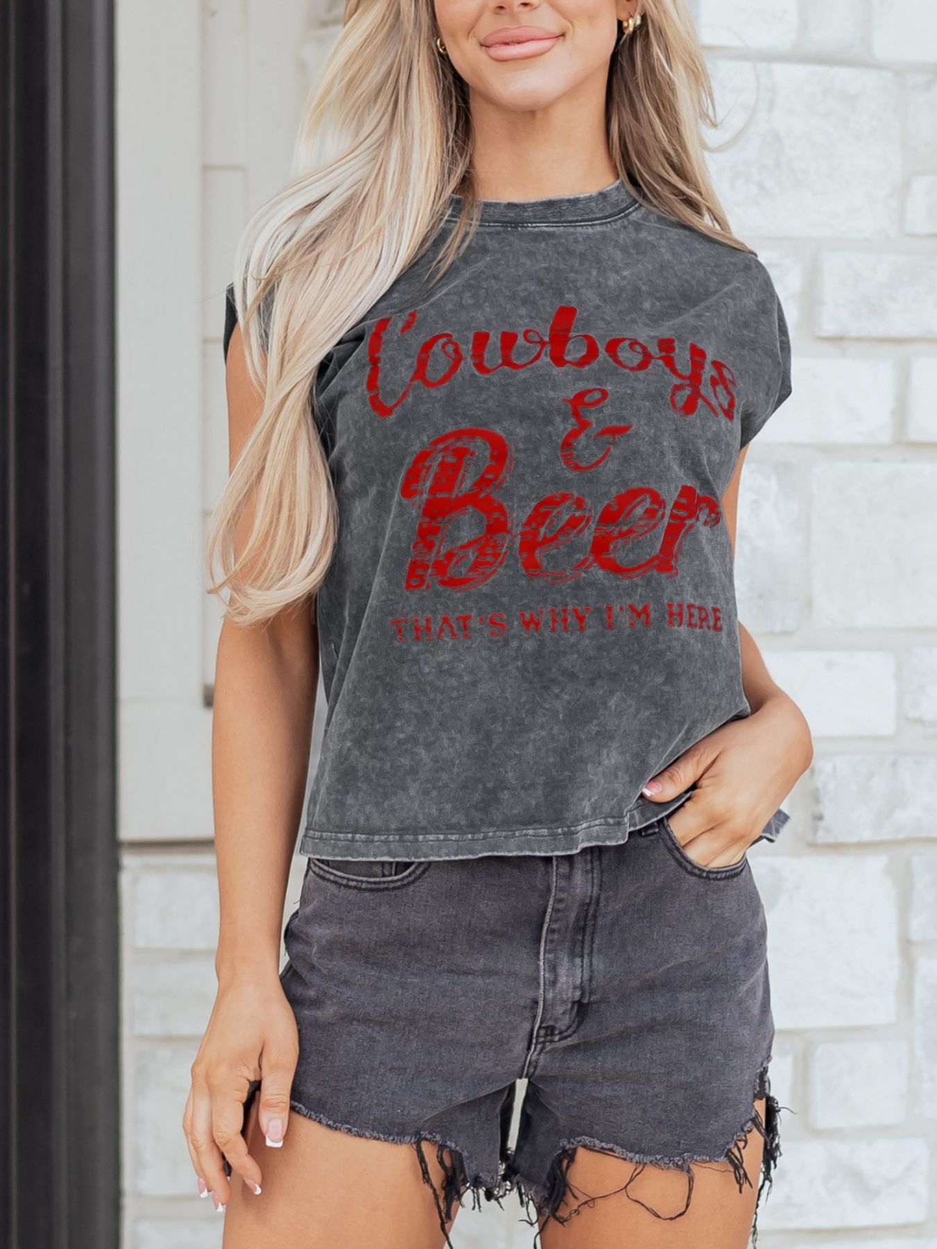 Cowboy & Beer Western Graphic Mineral Wash Tank Top