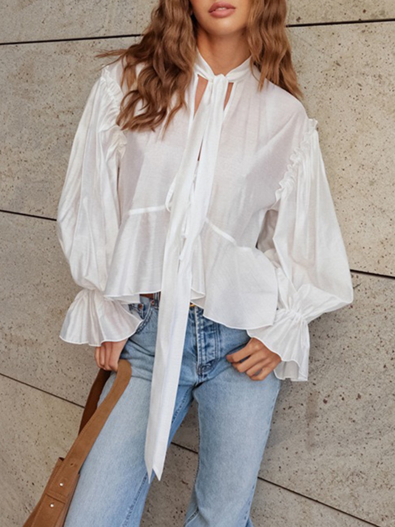 Ruffle Trim Tie Neck Blouse