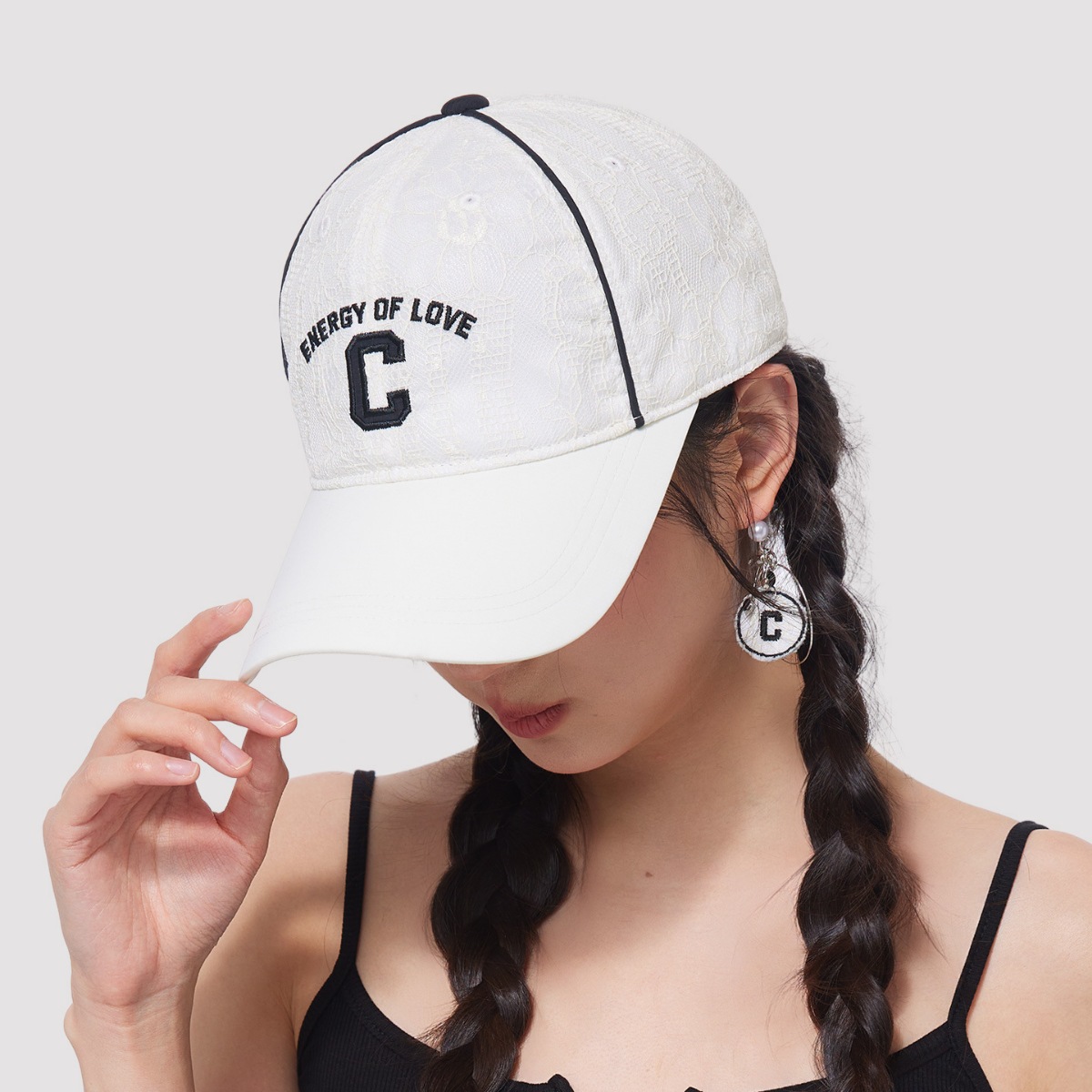 Lace Baseball Cap with Embroidered Letter