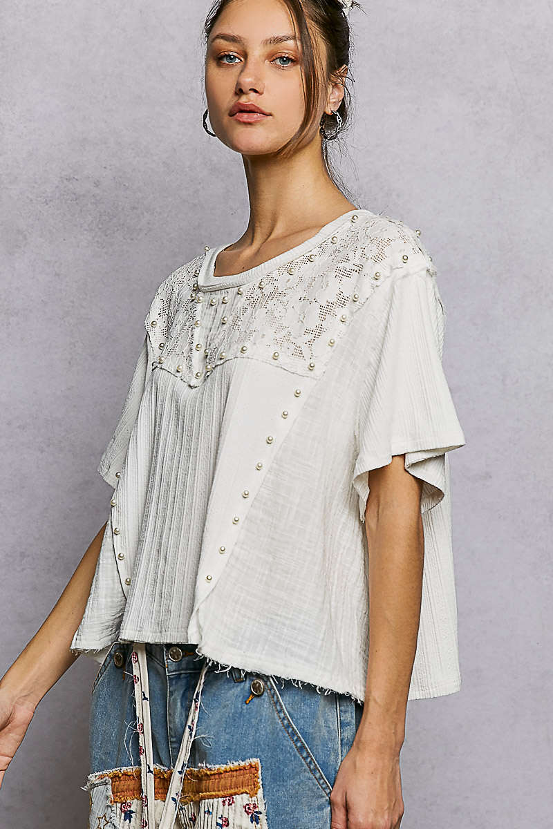 Lace Pearl Stud Round Neck Short Sleeve Shirt