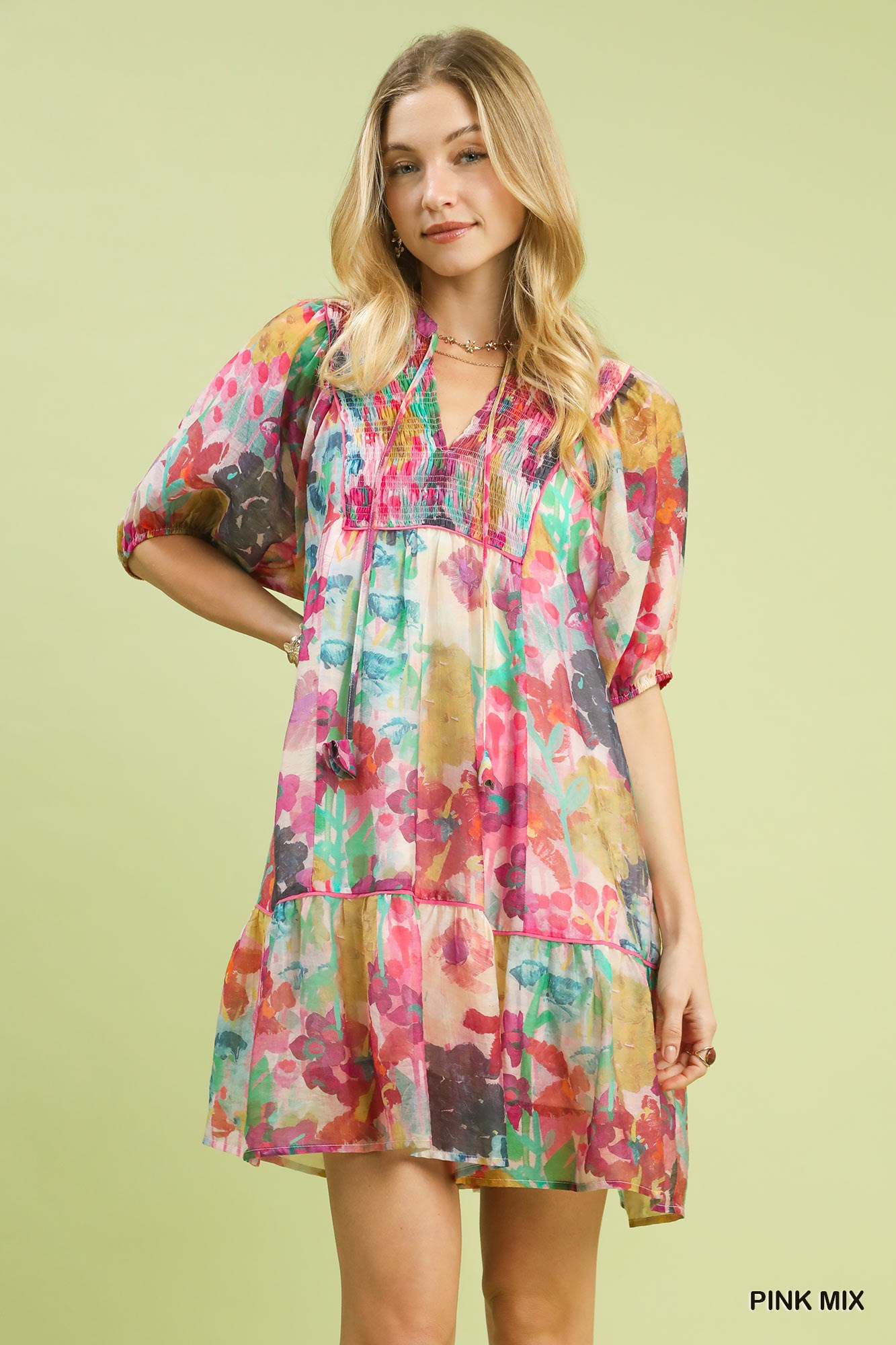 Umgee Mix Watercolor Floral Babydoll Dress