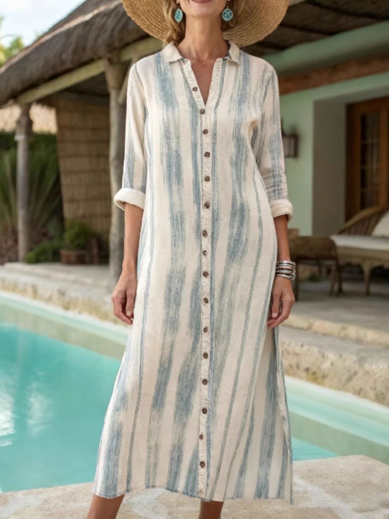 Striped Button-Down Midi Dress