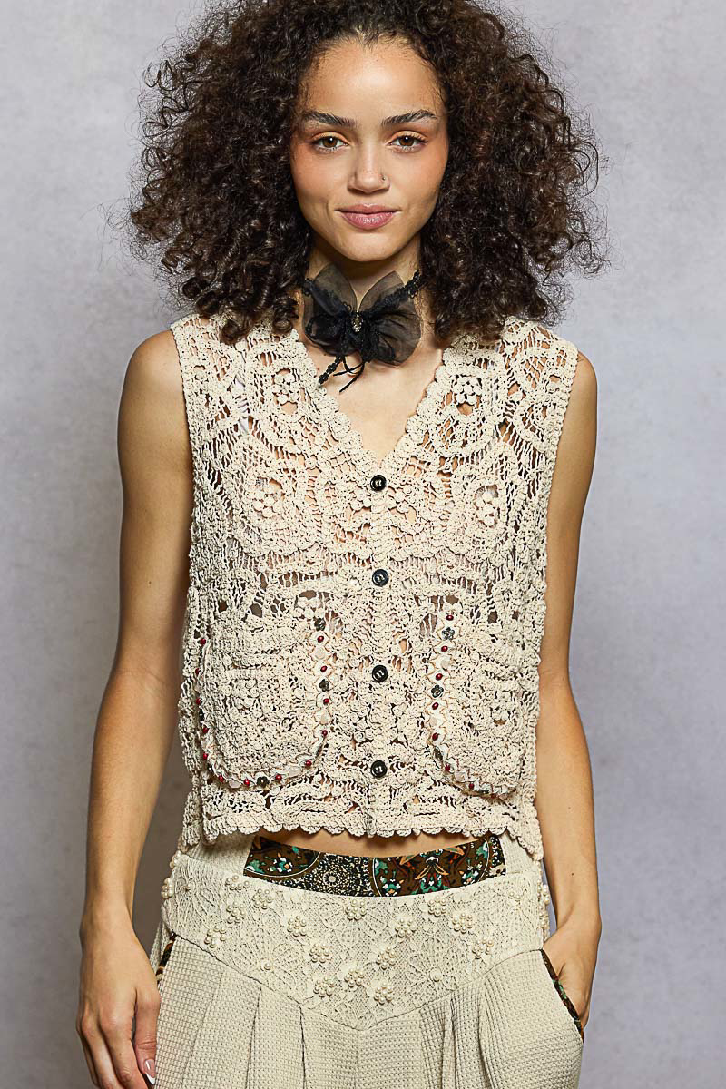 POL Button Down Cropped Crochet Vest with Scalloped Edge