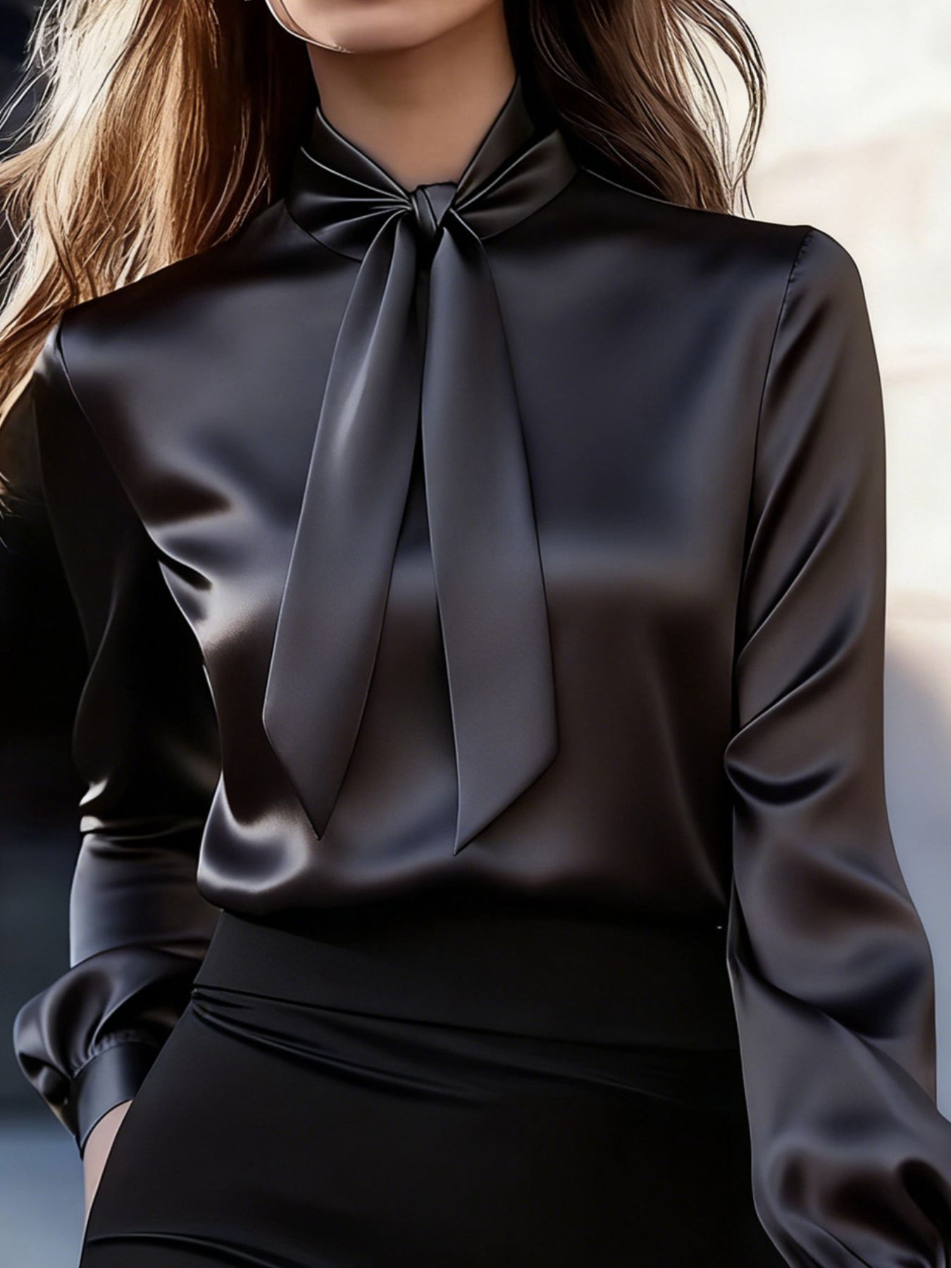 Satin Bow Tie Long Sleeve Blouse