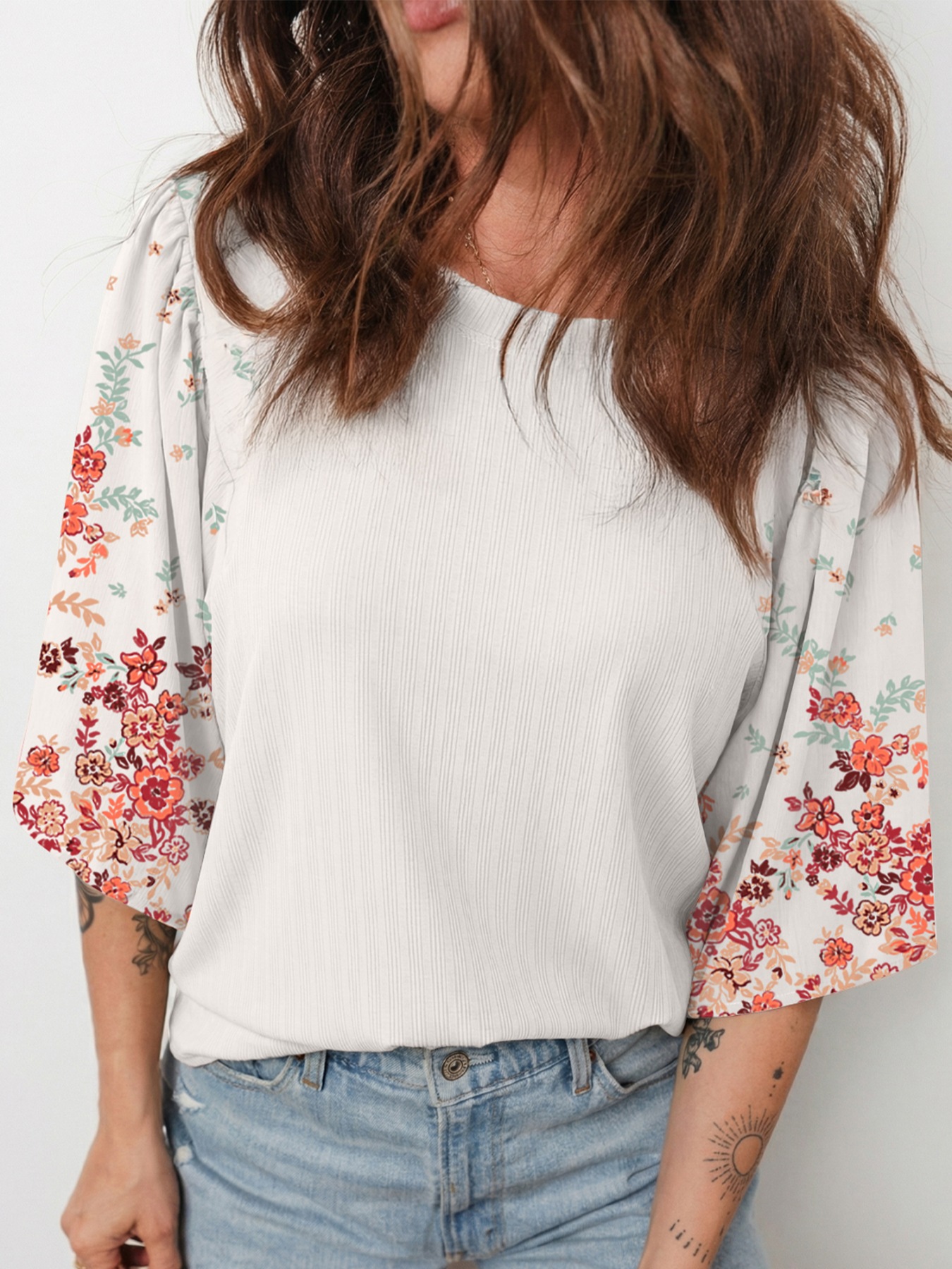 Ribbed Texture Floral Print Half Sleeve Patchwork Top