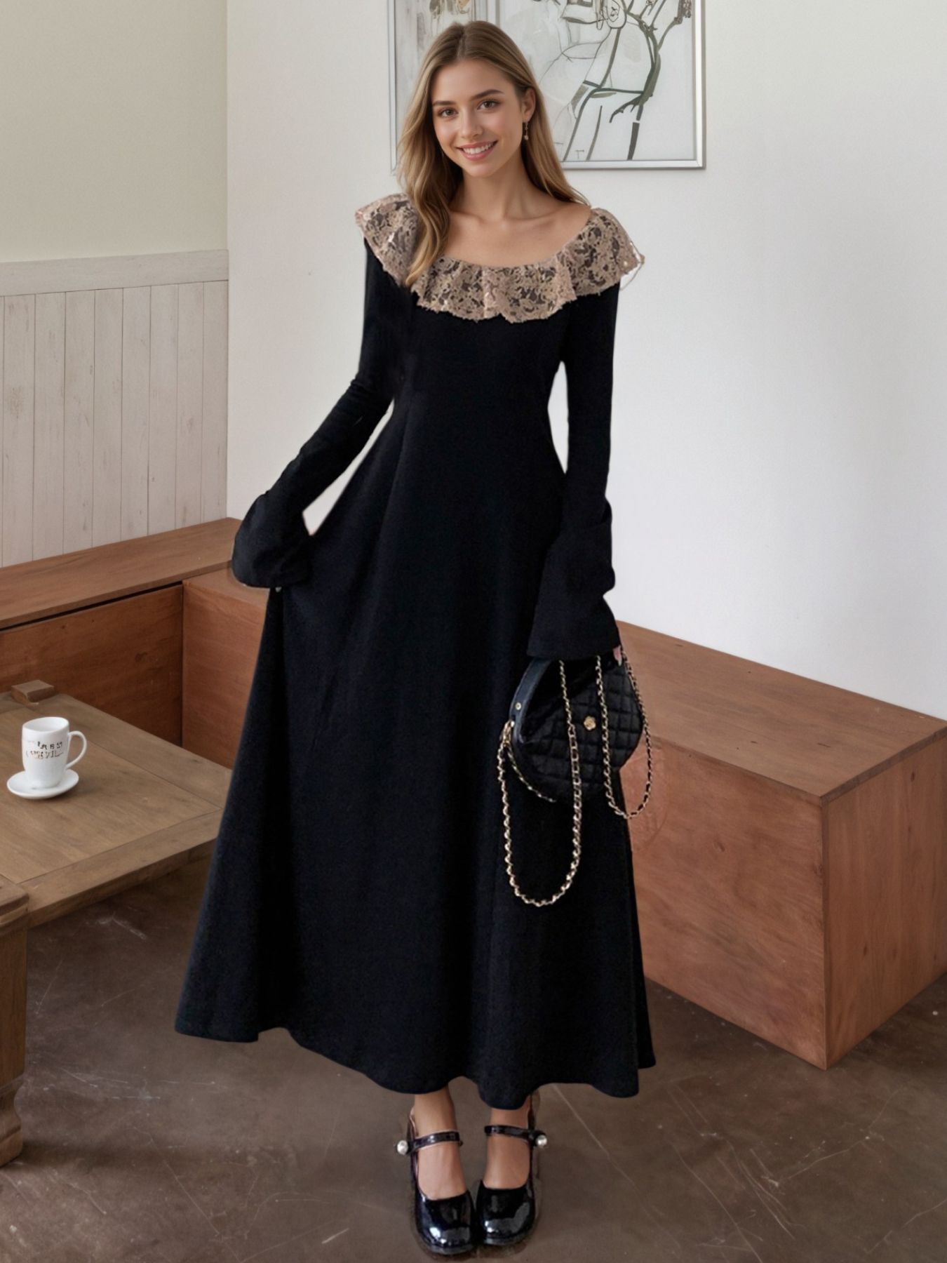 Lace Collar Long Sleeve Dress
