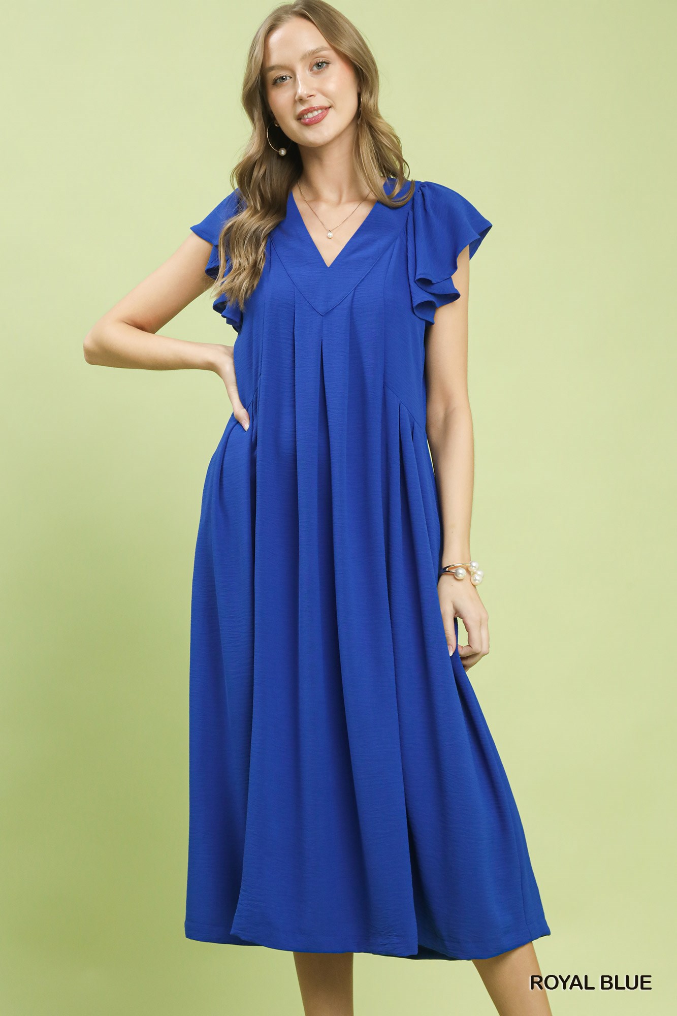 Umgee Ruffle Sleeve V-Neck Midi Dress