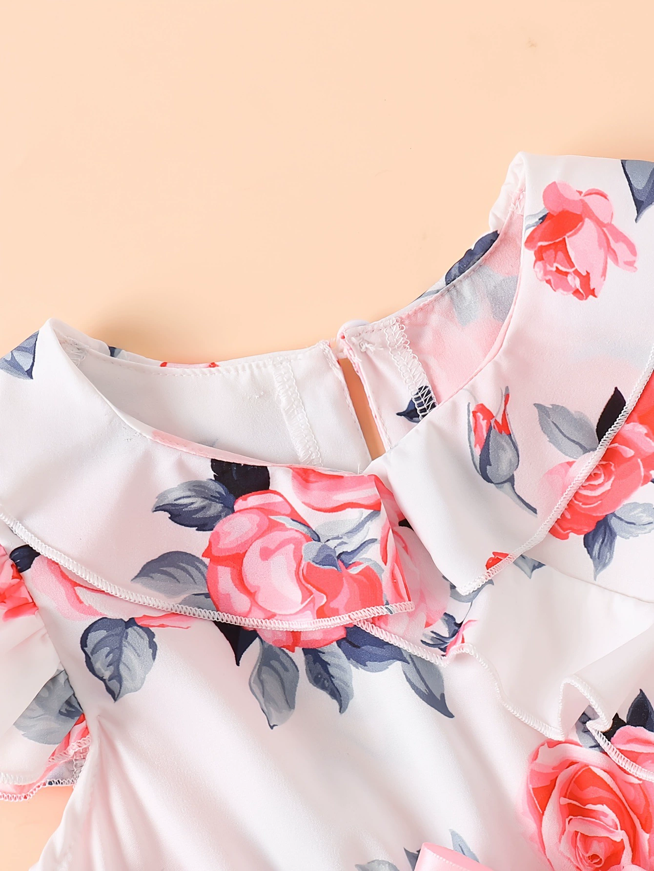 Children's Floral Print Ruffle Trim Bow Pleated Dress