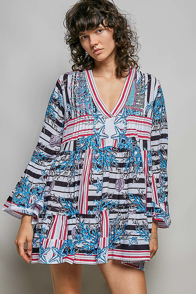 POL Striped Floral Long Sleeve Mini Dress with Pintuck Detail