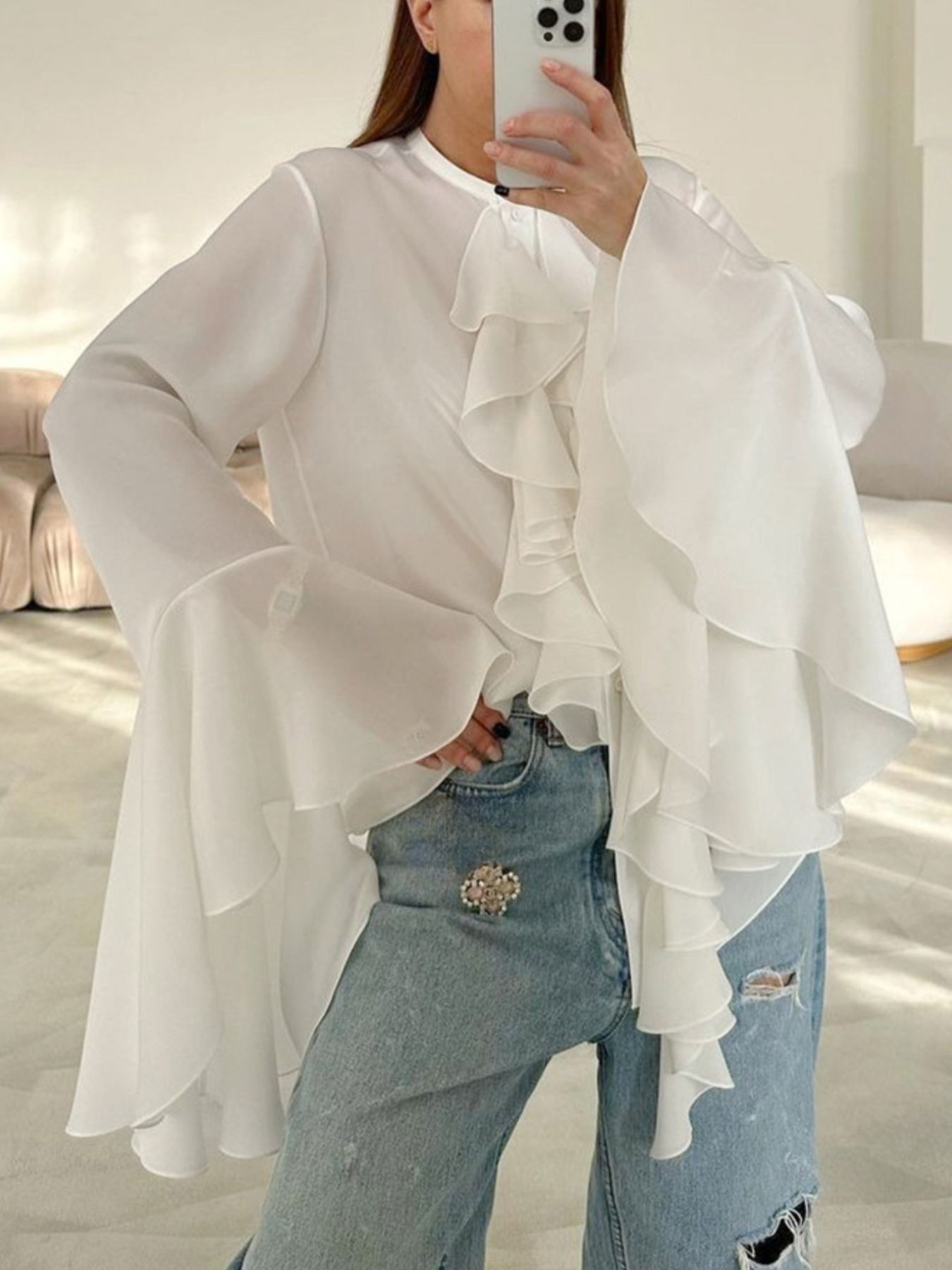 Ruffle Trim Flounce Sleeve Blouse