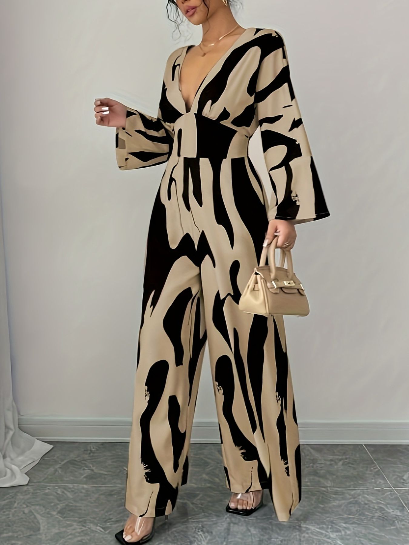 Abstract Print V-Neck Wide Leg Jumpsuit