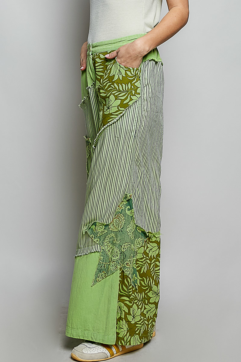 Striped Floral Patchwork Wide leg Pants with Side Big Star Patch