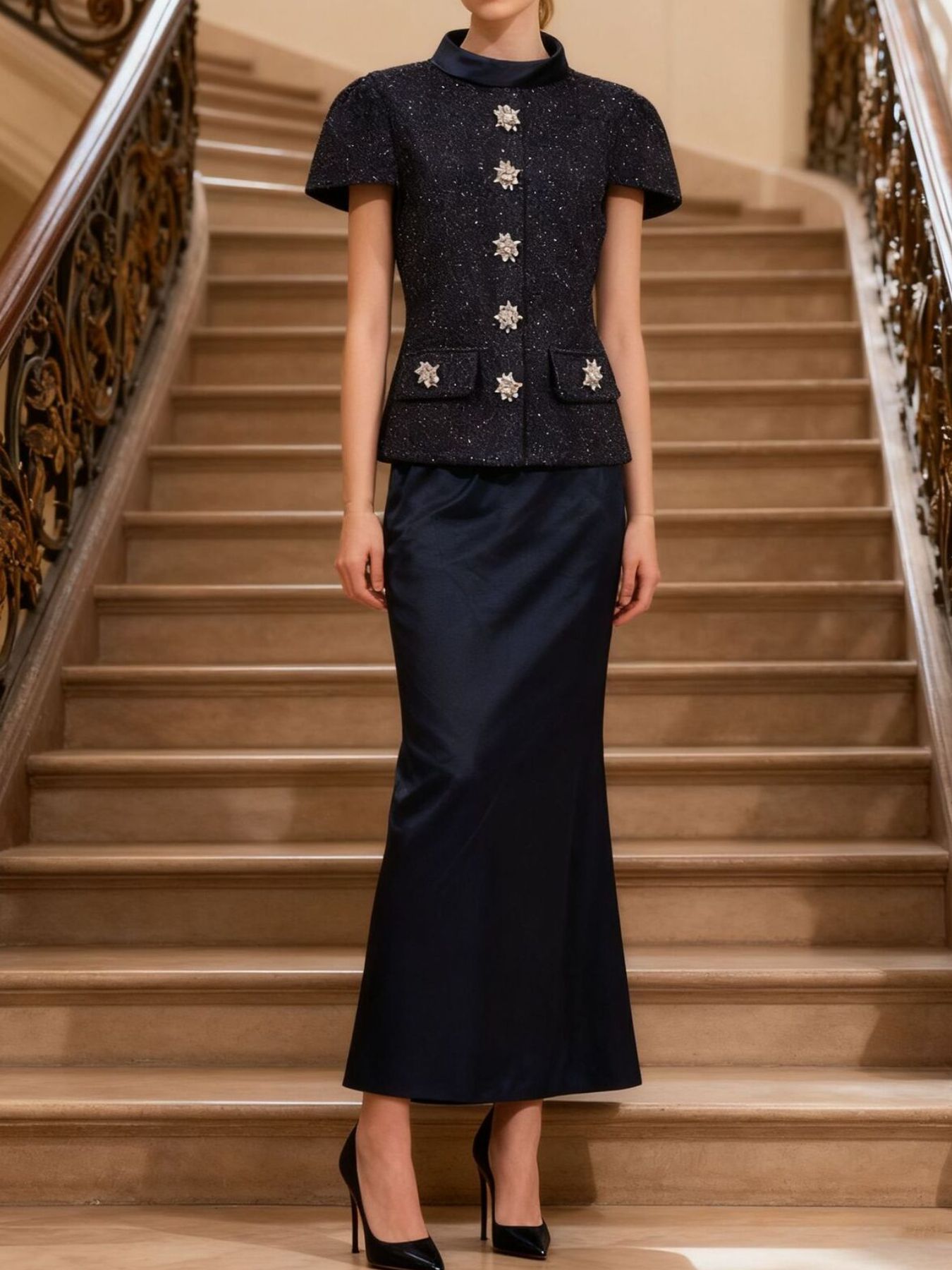 Tweed Jacket And Satin Skirt Set