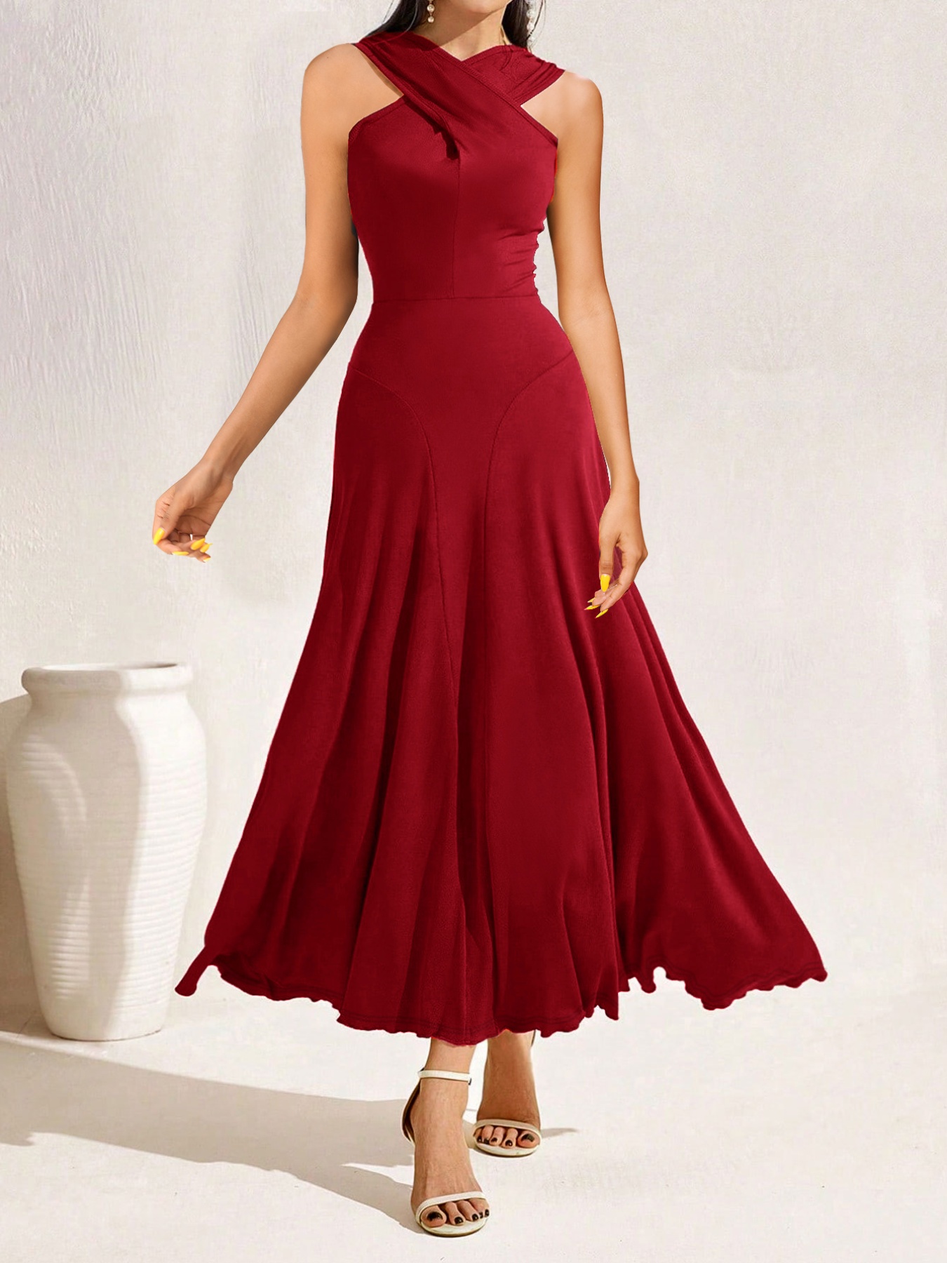 Crisscross Halter Neck A-Line Midi Dress