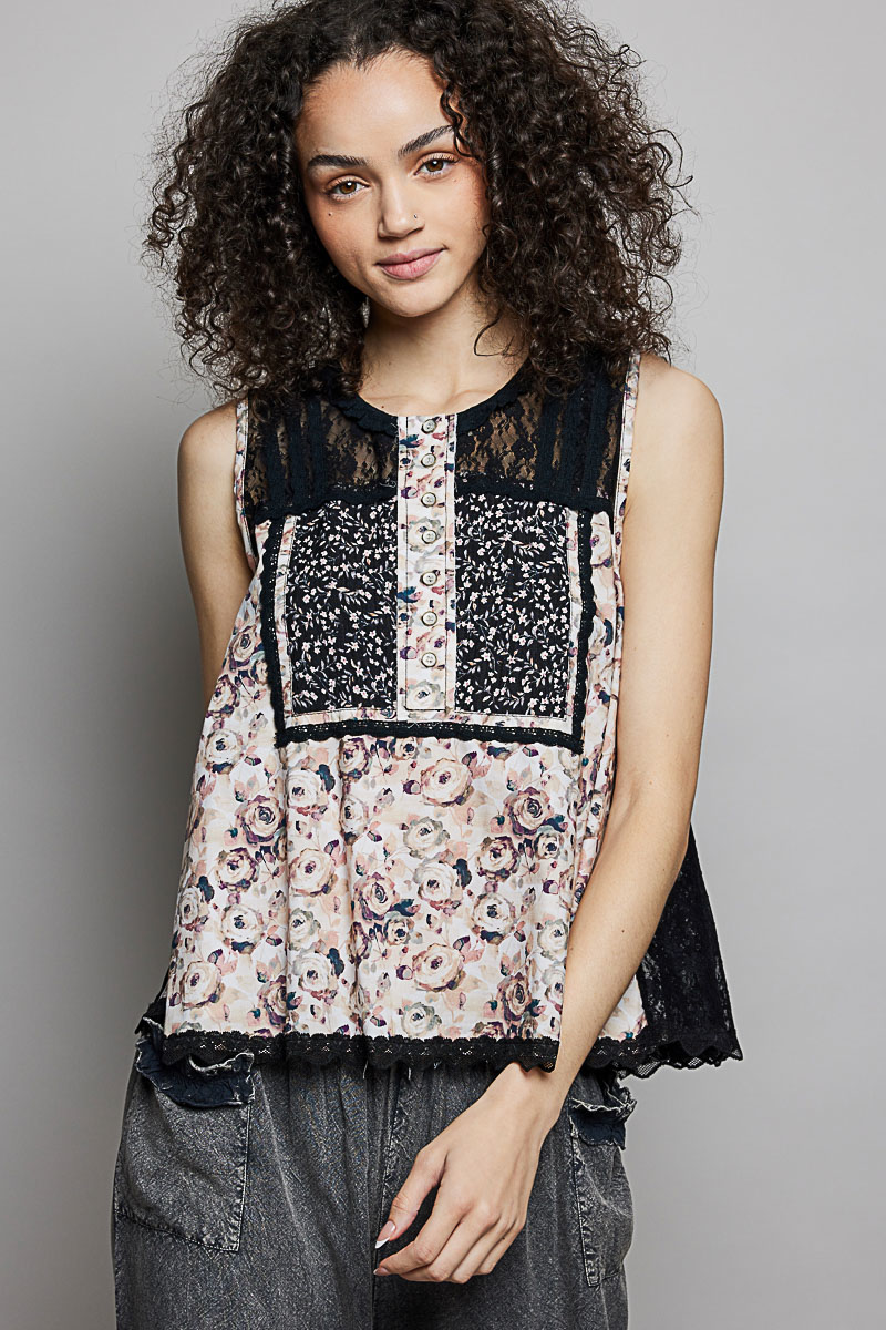 Printed Woven Lace Back Round Neck Sleeveless Top