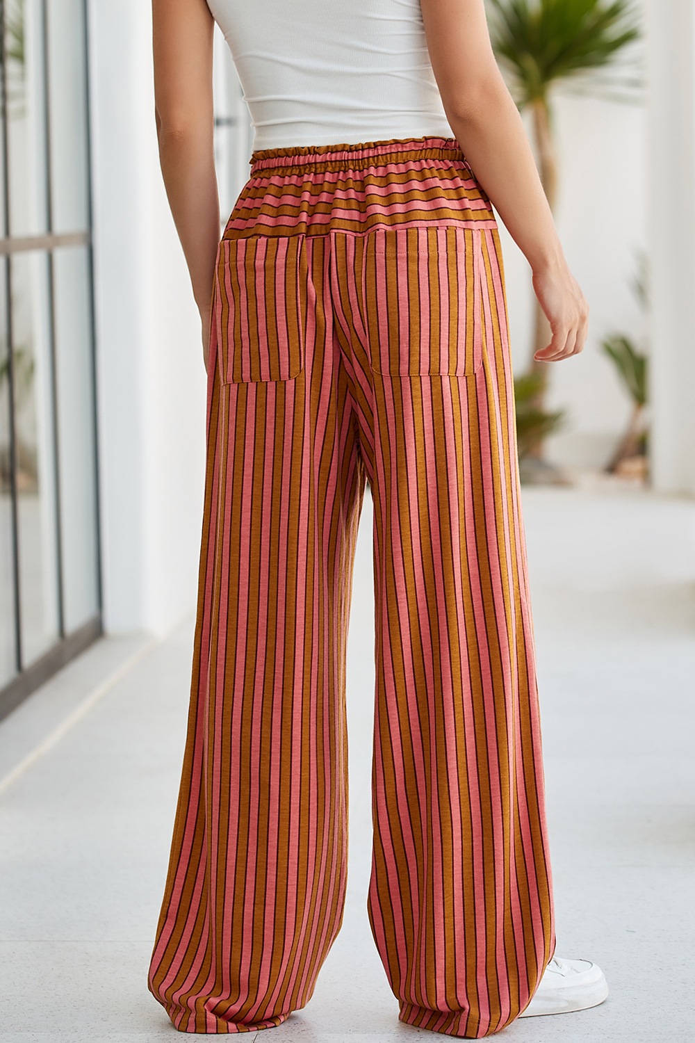 Stripe Button Pocket Tie Waist Casual Wide Leg Pants