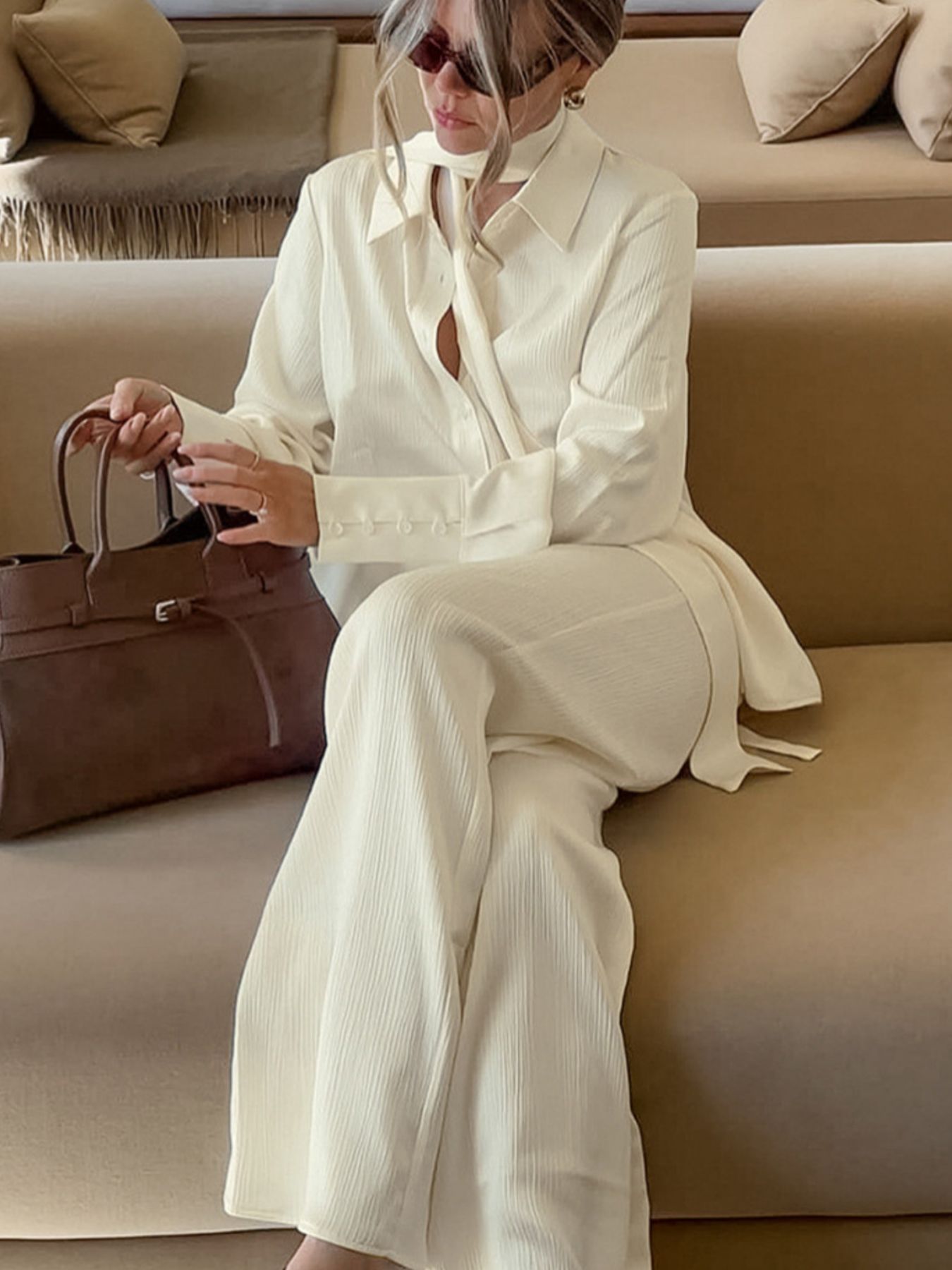 Texture Shirt And Wide-Leg Pants Set