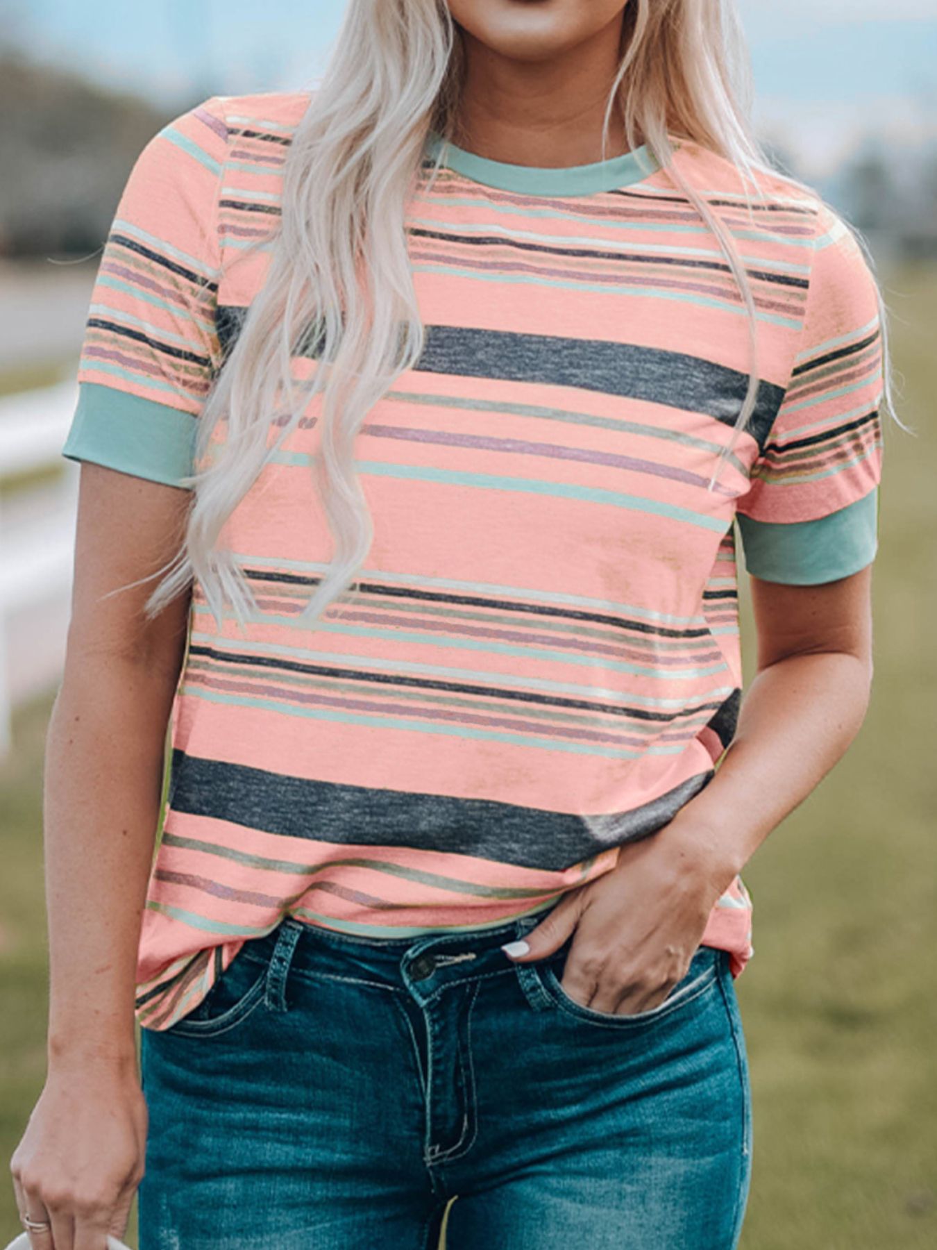 Multicolor Stripes Crew Neck T Shirt