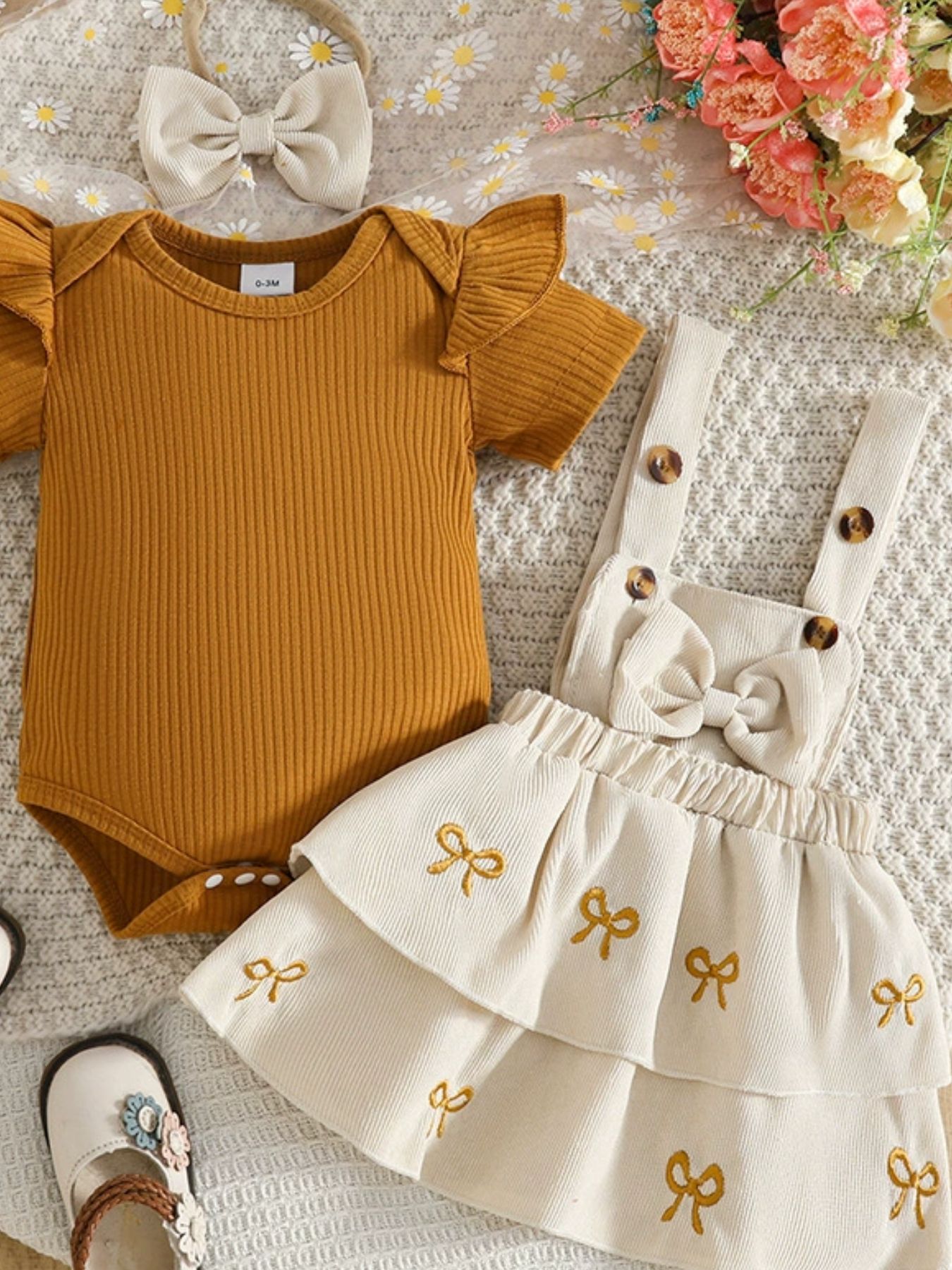 Children's Ribbed Top & Bow Decor Suspender Dress & Headband Set