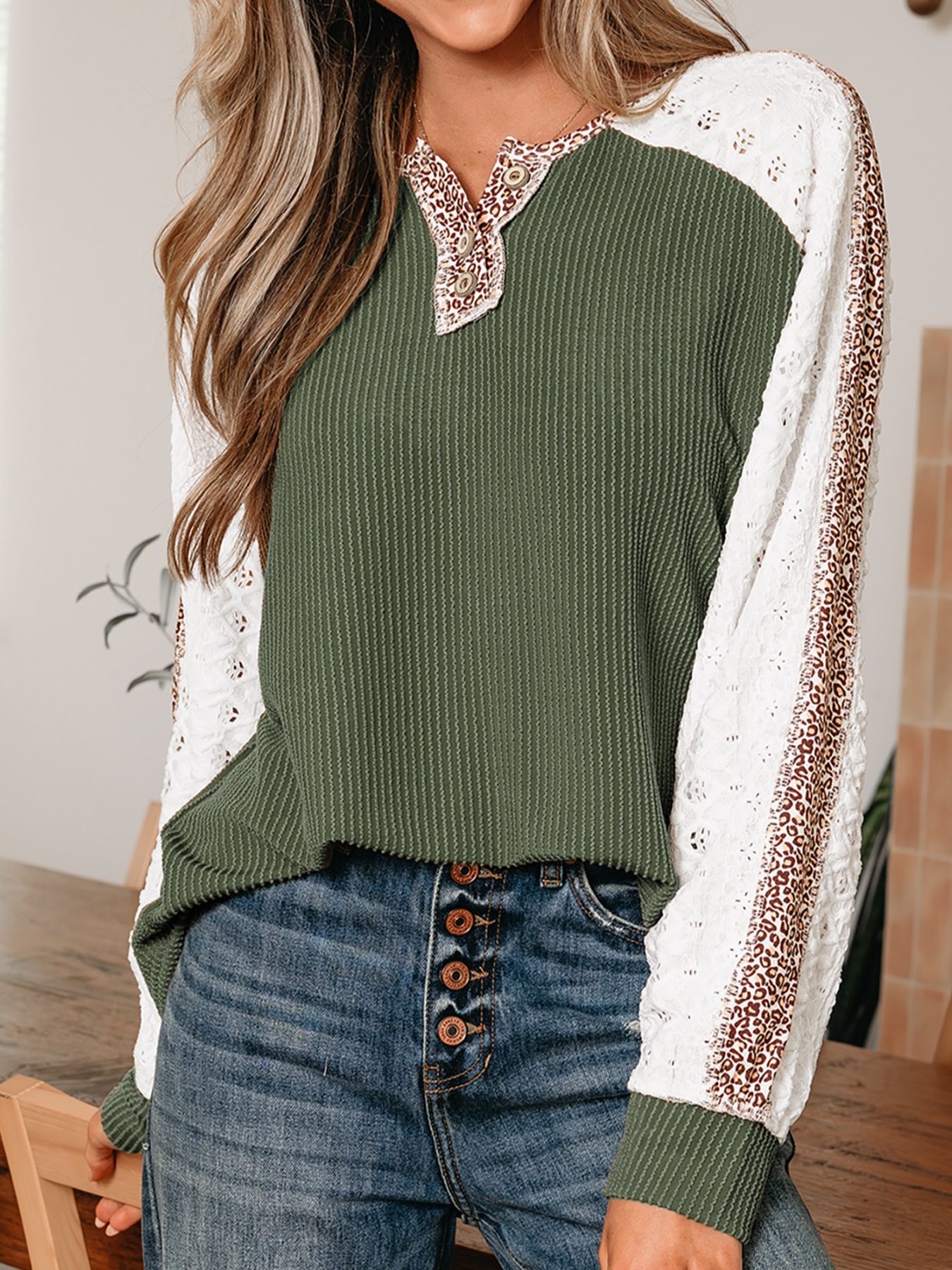 Leopard Trim Raglan Sleeve Top