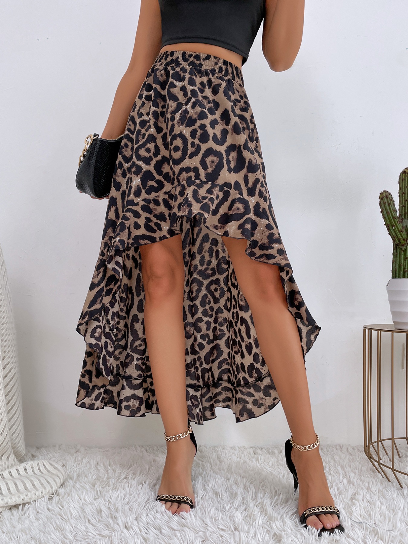 Leopard Print Ruffle Hem High-Low Skirt