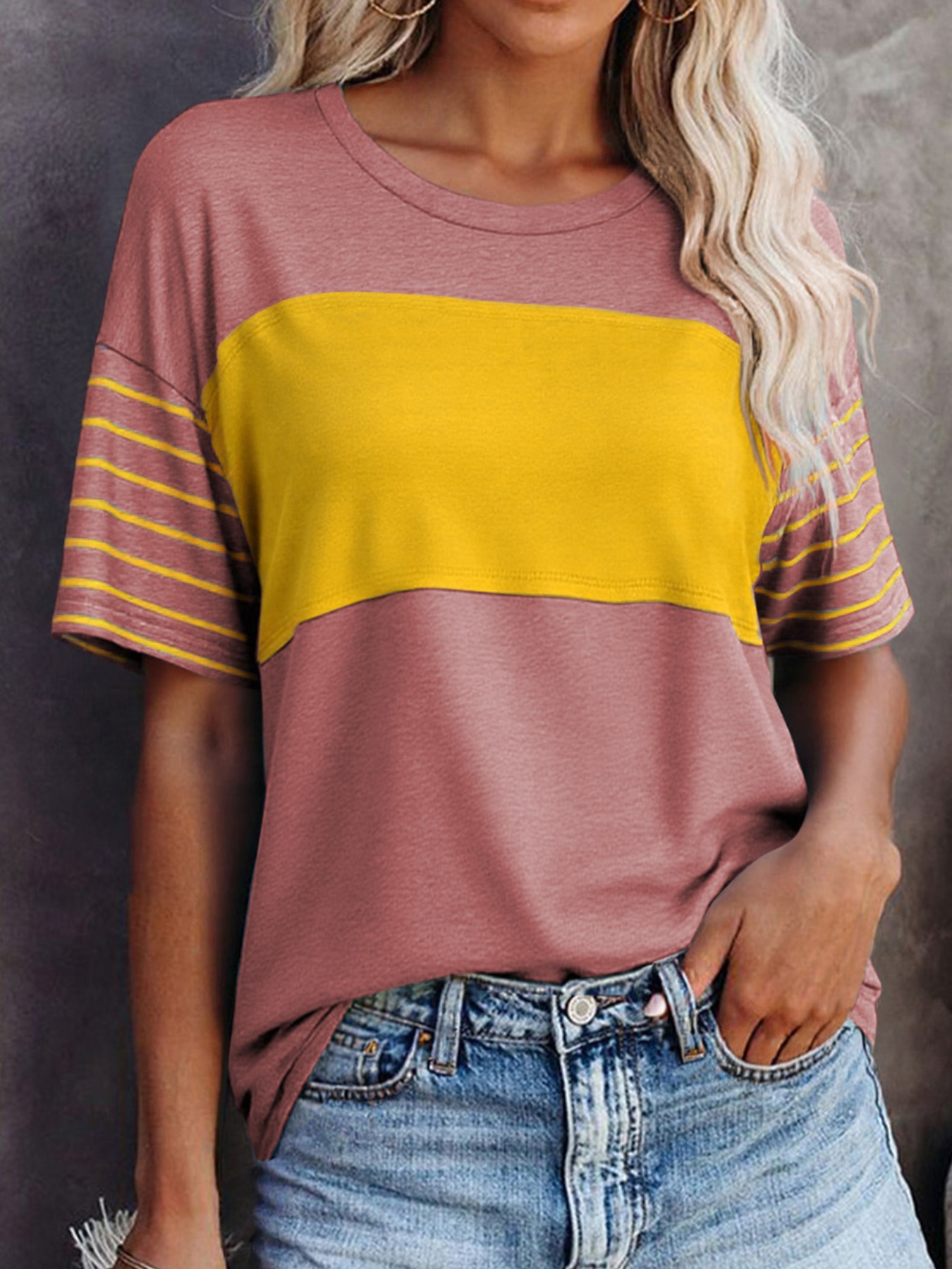 Color Block Striped Detail Loose T Shirt