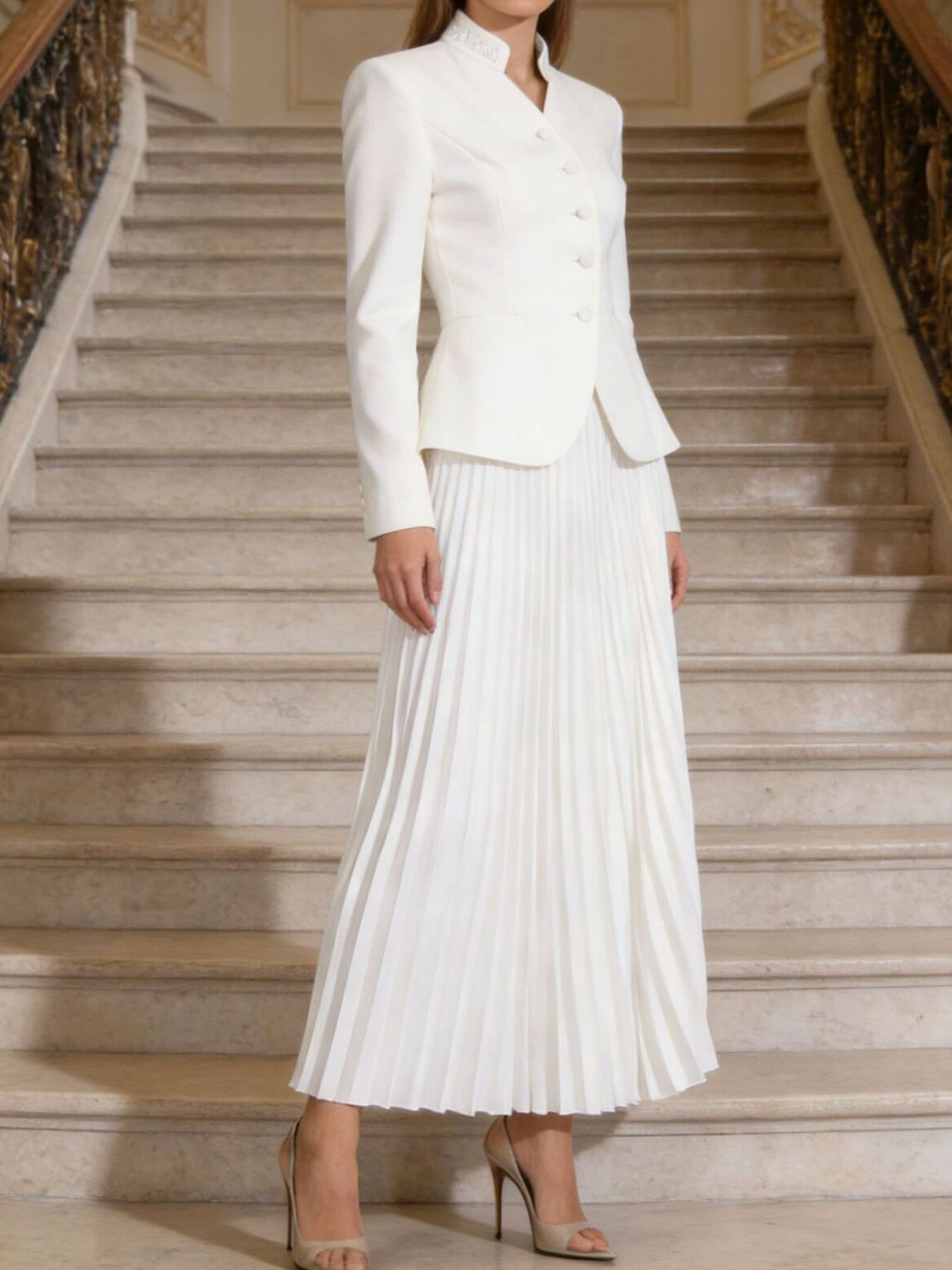 Button Up Long Sleeve Top And Pleated Skirt Set