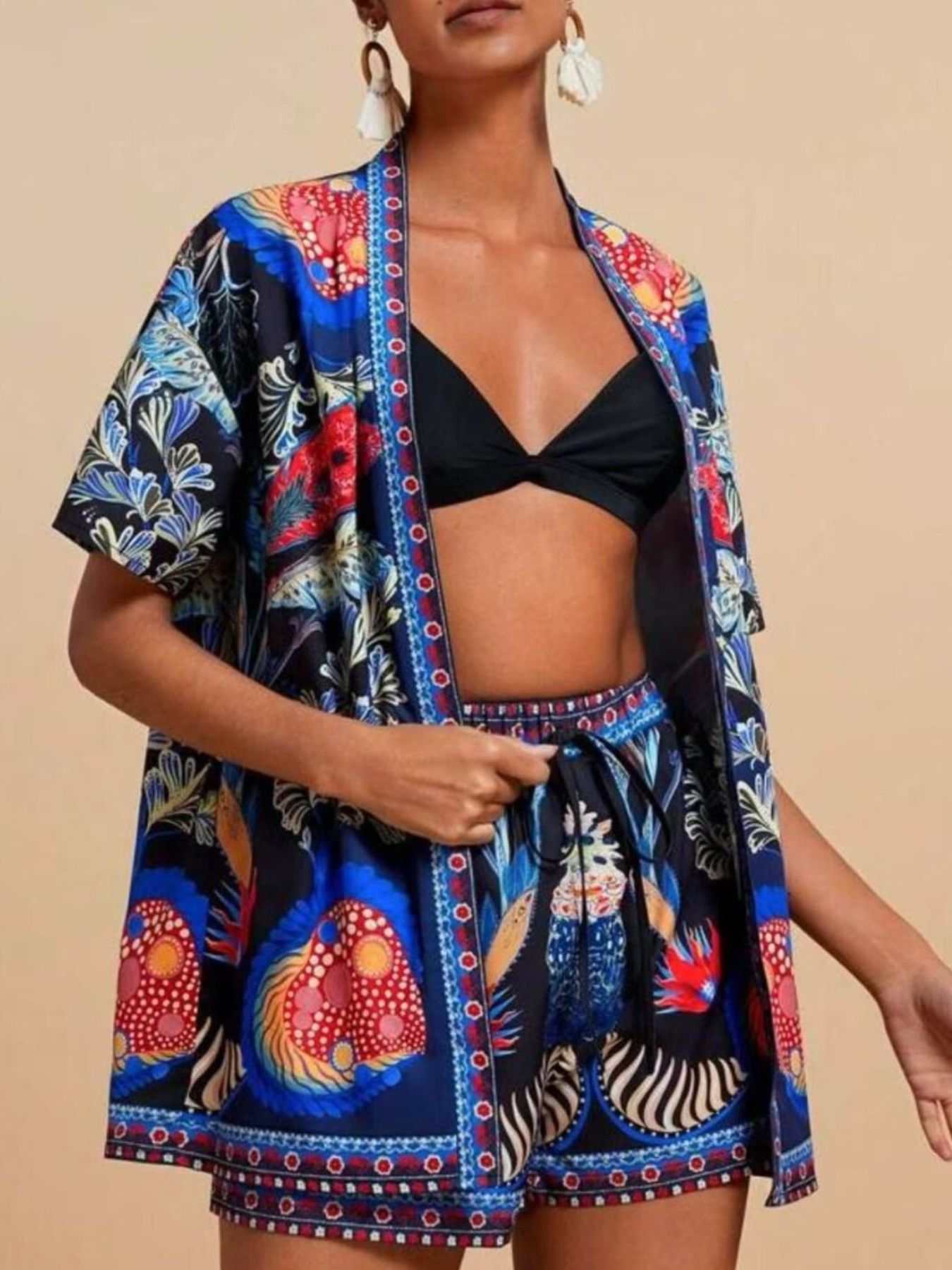 Printed Open Front Cardigan and Shorts Set