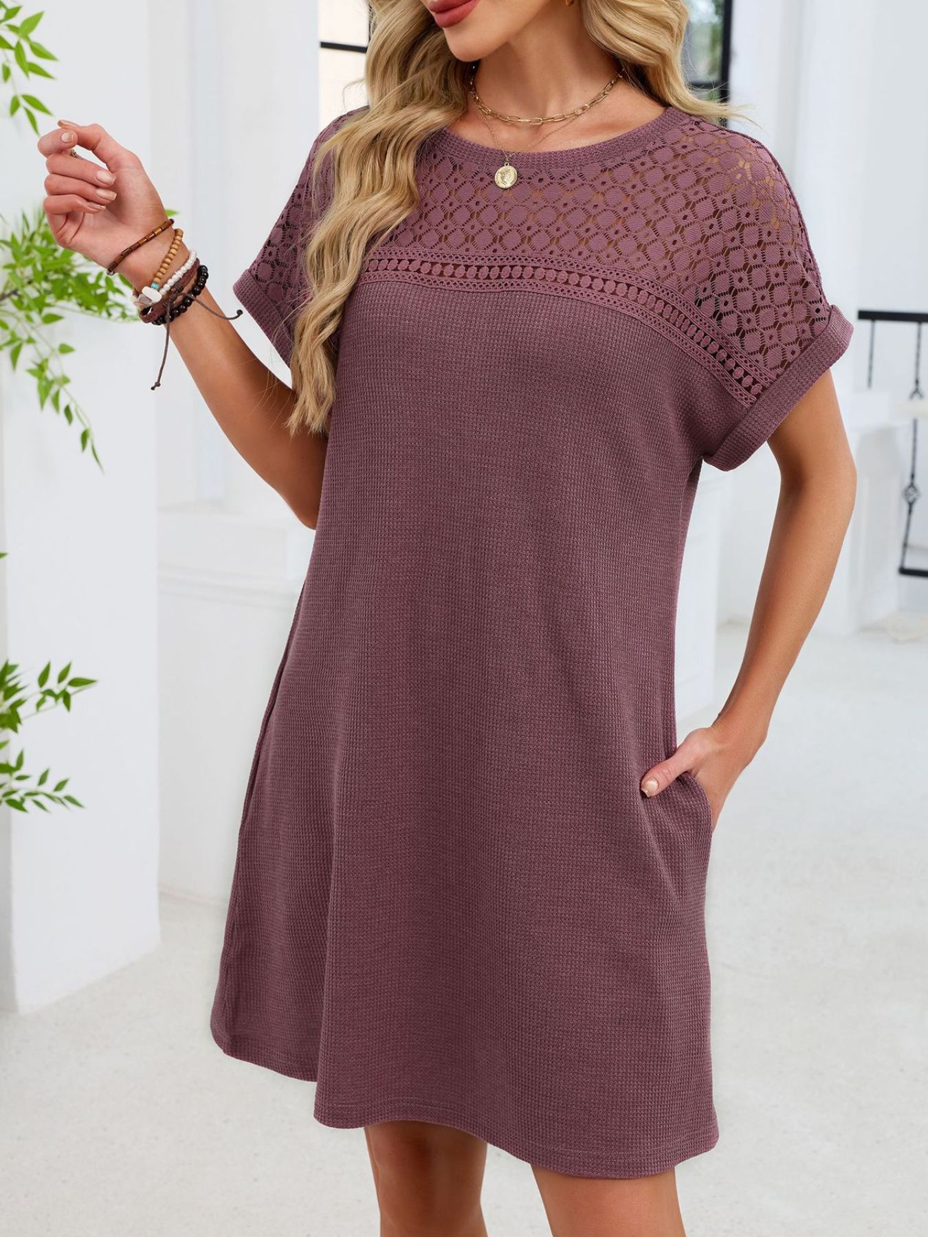 Lace Round Neck Short Sleeve T-Shirt Dress