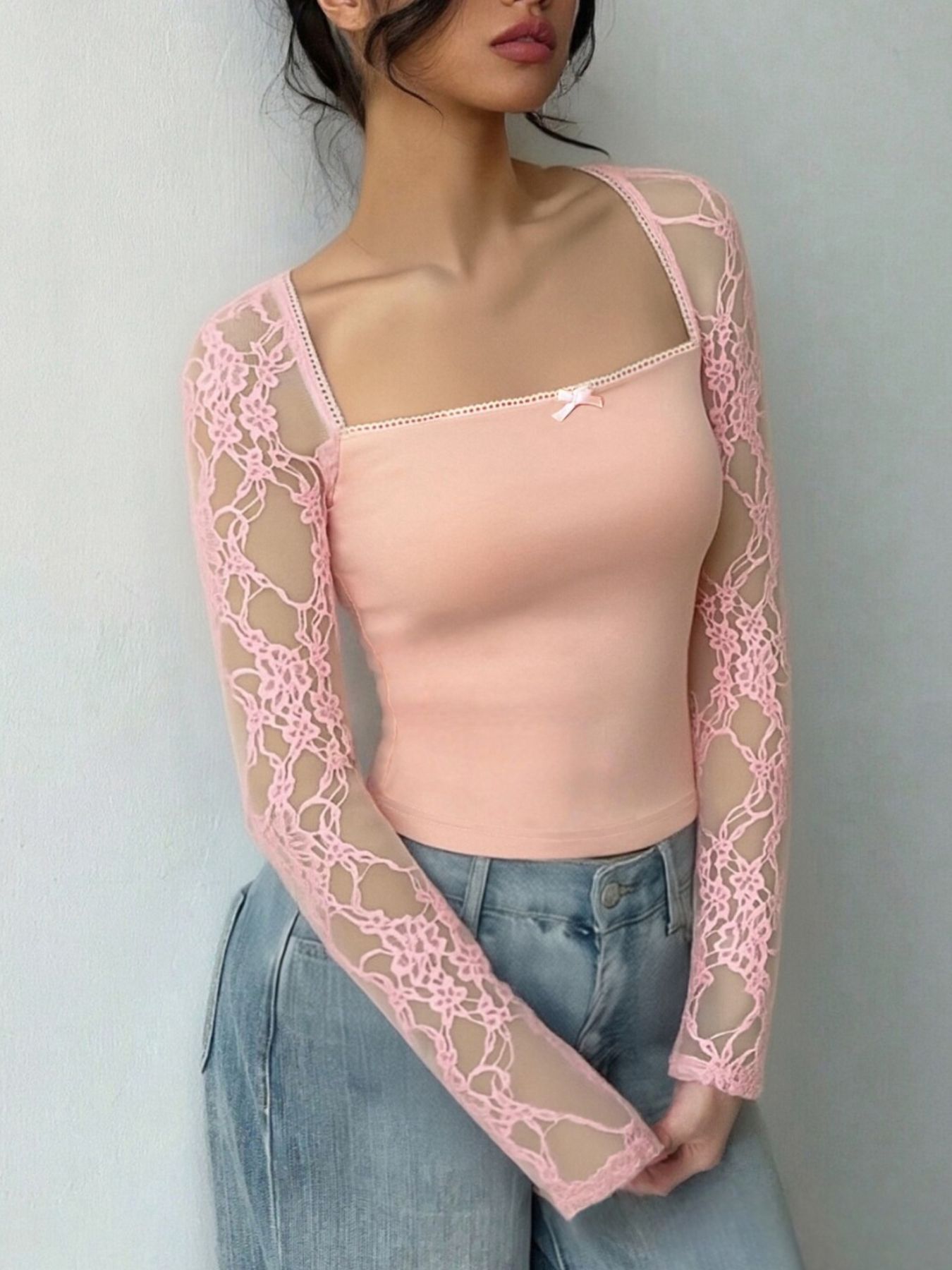 Lace Sleeve Square Neck Top