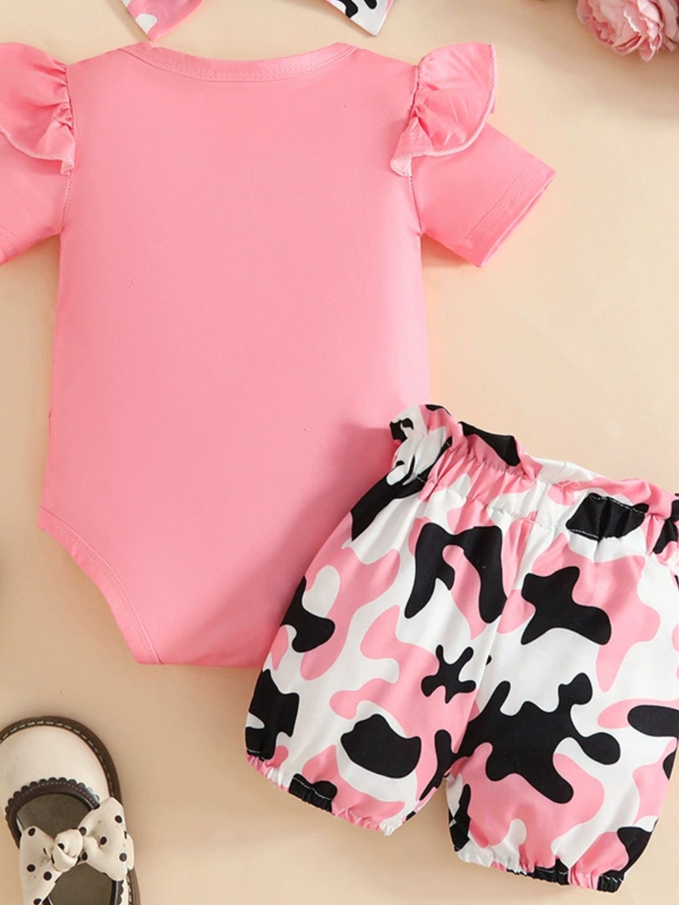 Children's Leopard Heart Bodysuit and Shorts Set with Headband