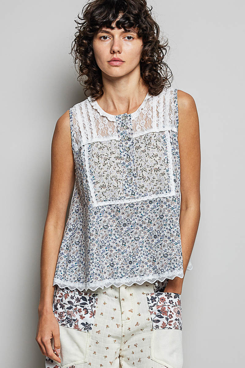 Printed Woven Lace Back Round Neck Sleeveless Top