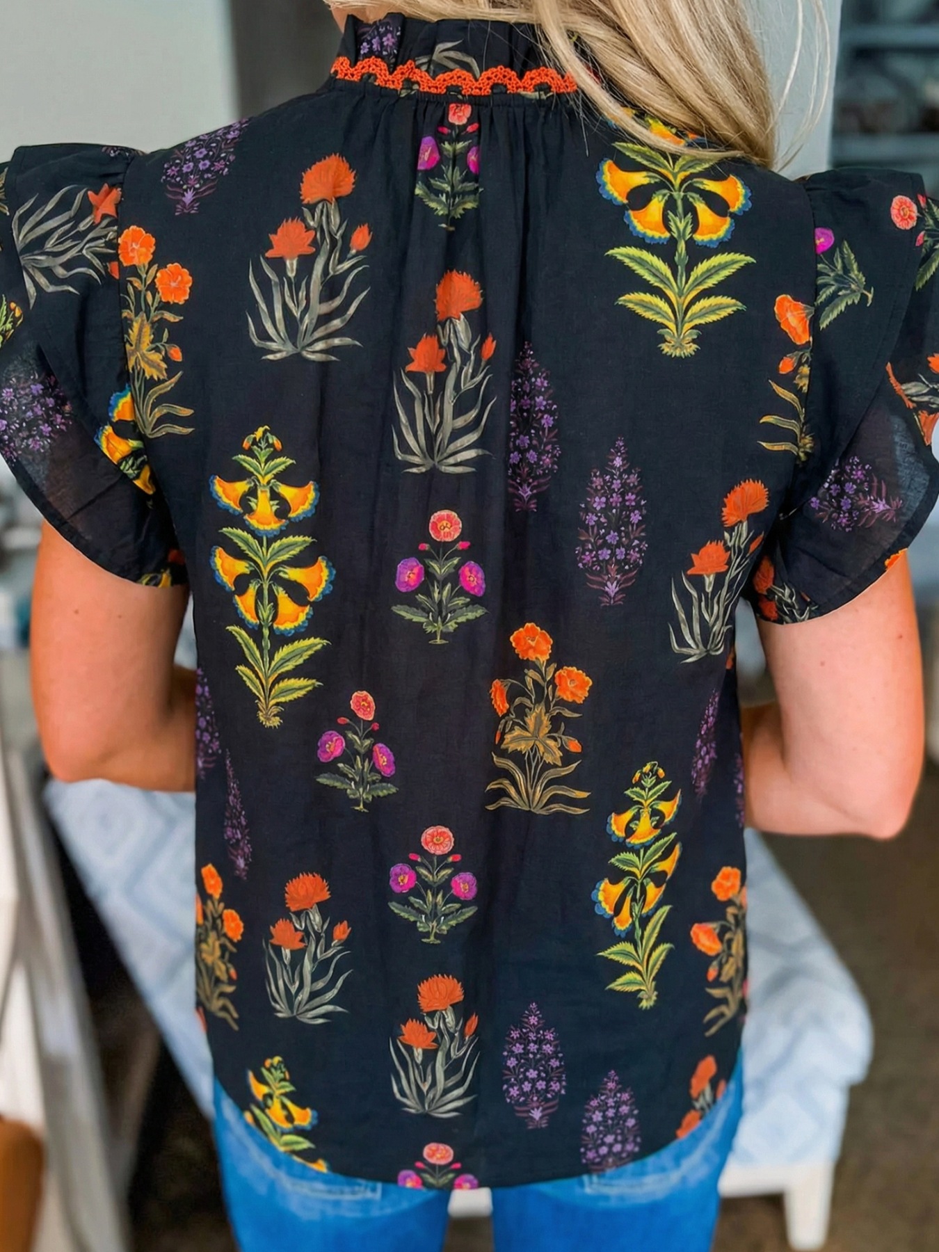 Floral Print Lace Trim Frilled V Neck Short Sleeve Shirt