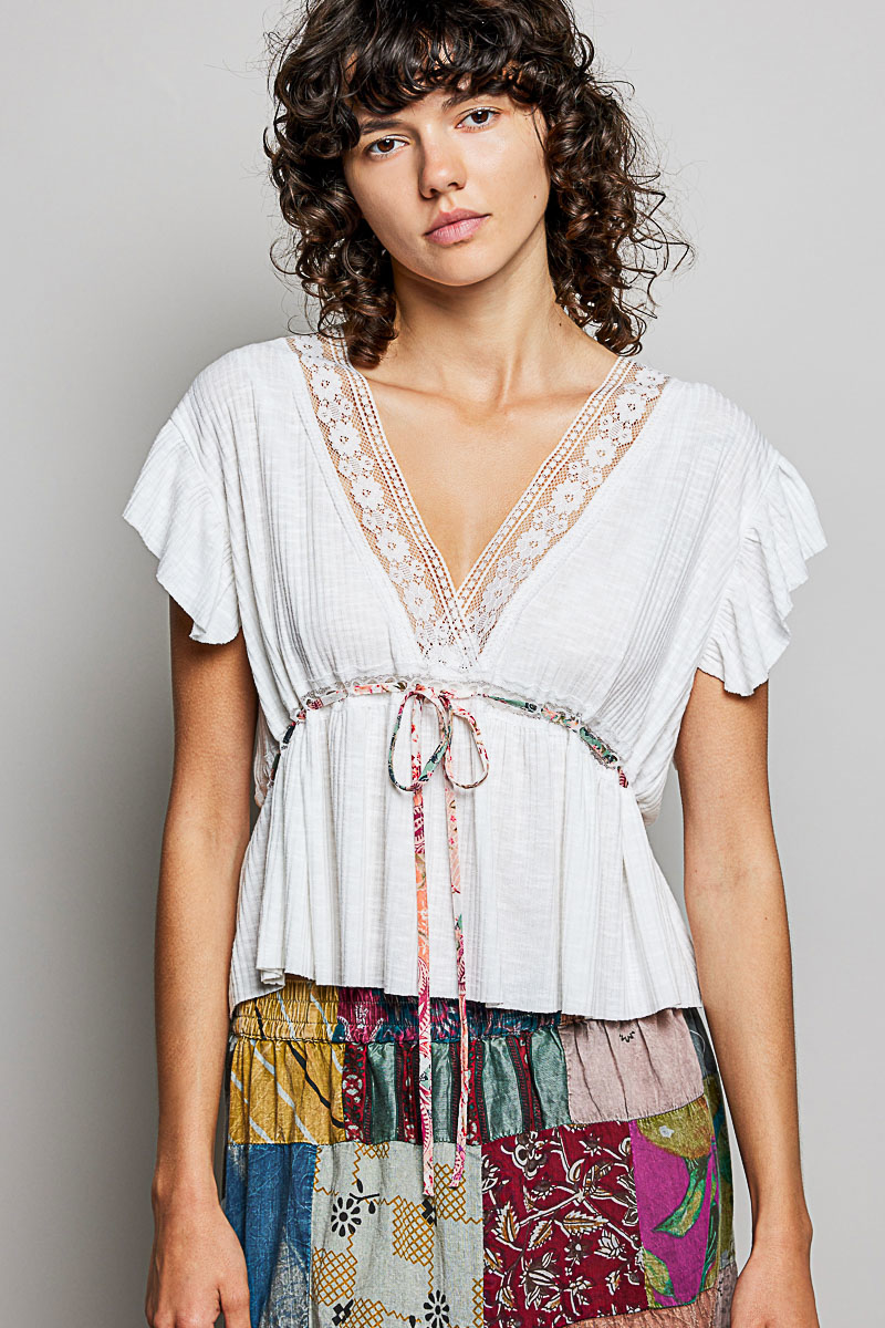 Tied Ruffled V-Neck Short Sleeve Blouse with Lace Detail