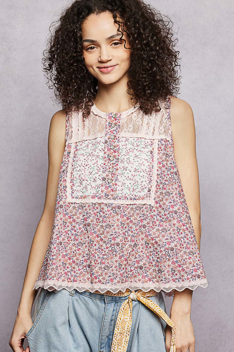 Printed Woven Lace Back Round Neck Sleeveless Top